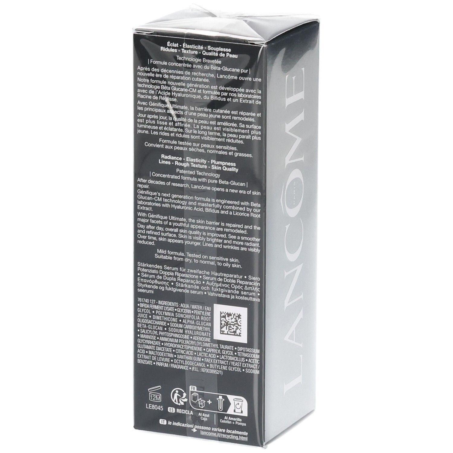 Arrière de l'emballage du Sérum Recharge Lancôme Génifique Ultimate avec informations produit et code QR.