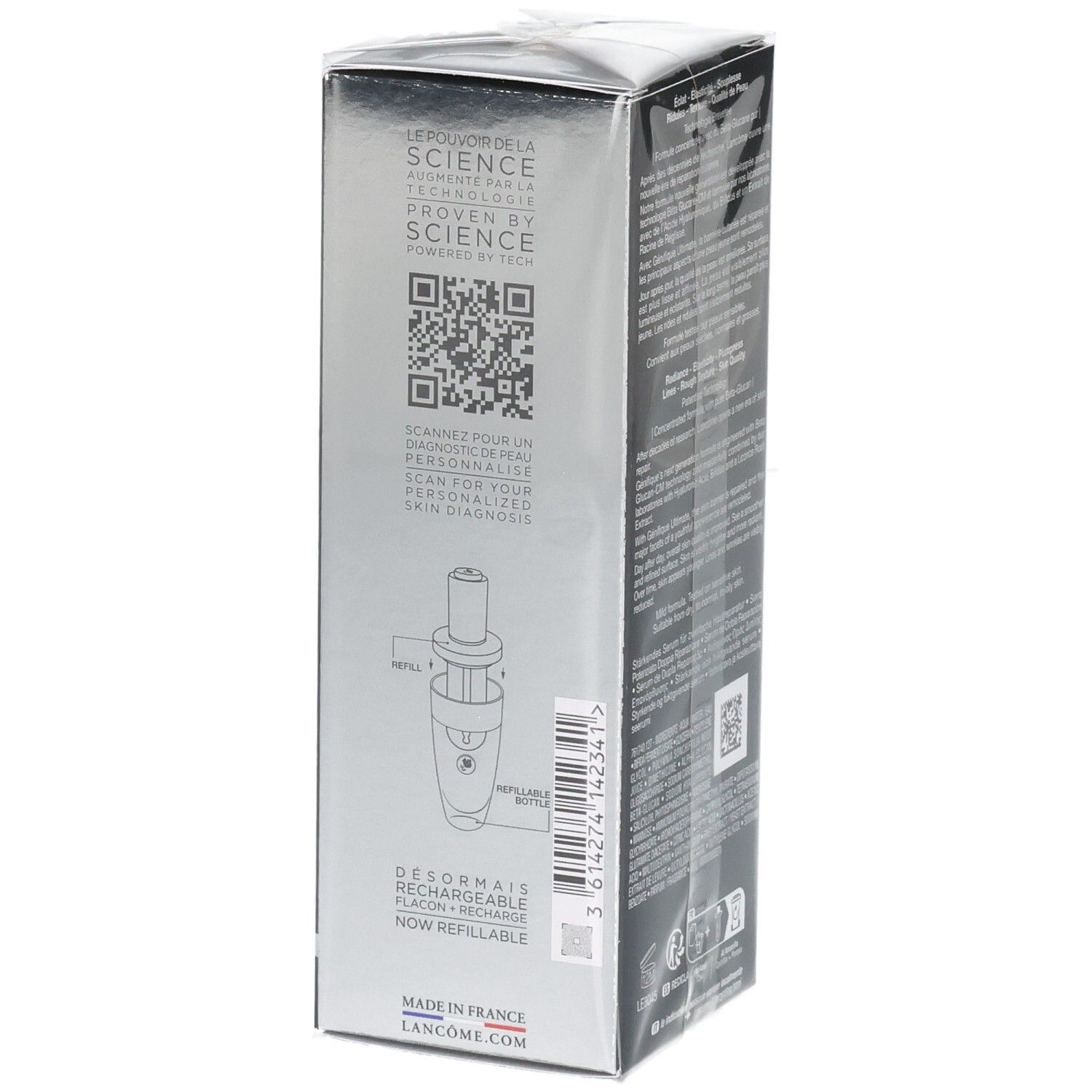 Vue latérale de l'emballage du Sérum Recharge Lancôme Génifique Ultimate avec code QR et illustration de la pipette.