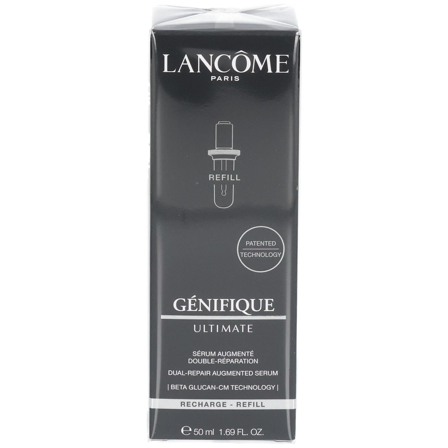Lancôme Génifique Ultimate Sérum Recharge sur emballage noir et argenté avec pipette et sceau "Patented Technology".