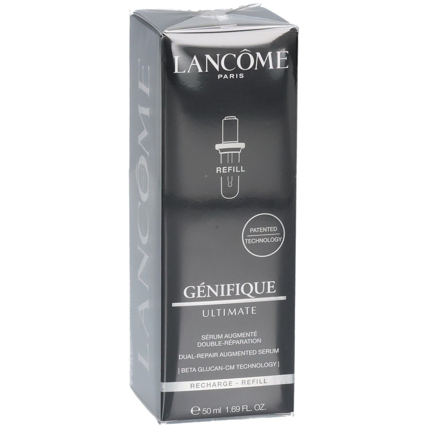Lancôme Génifique Ultimate Sérum Recharge, côté argenté avec inscription "Lancôme Paris".