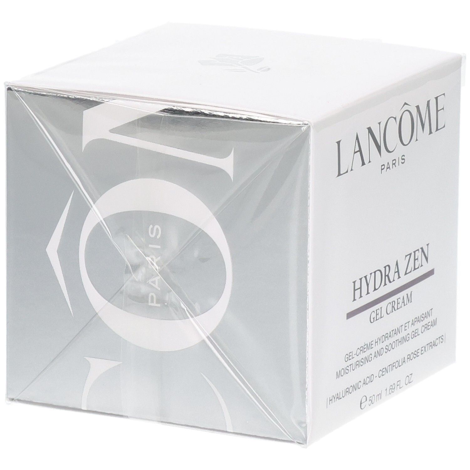 Emballage Lancôme Hydra Zen Gel Cream, 50 ml, design argenté.