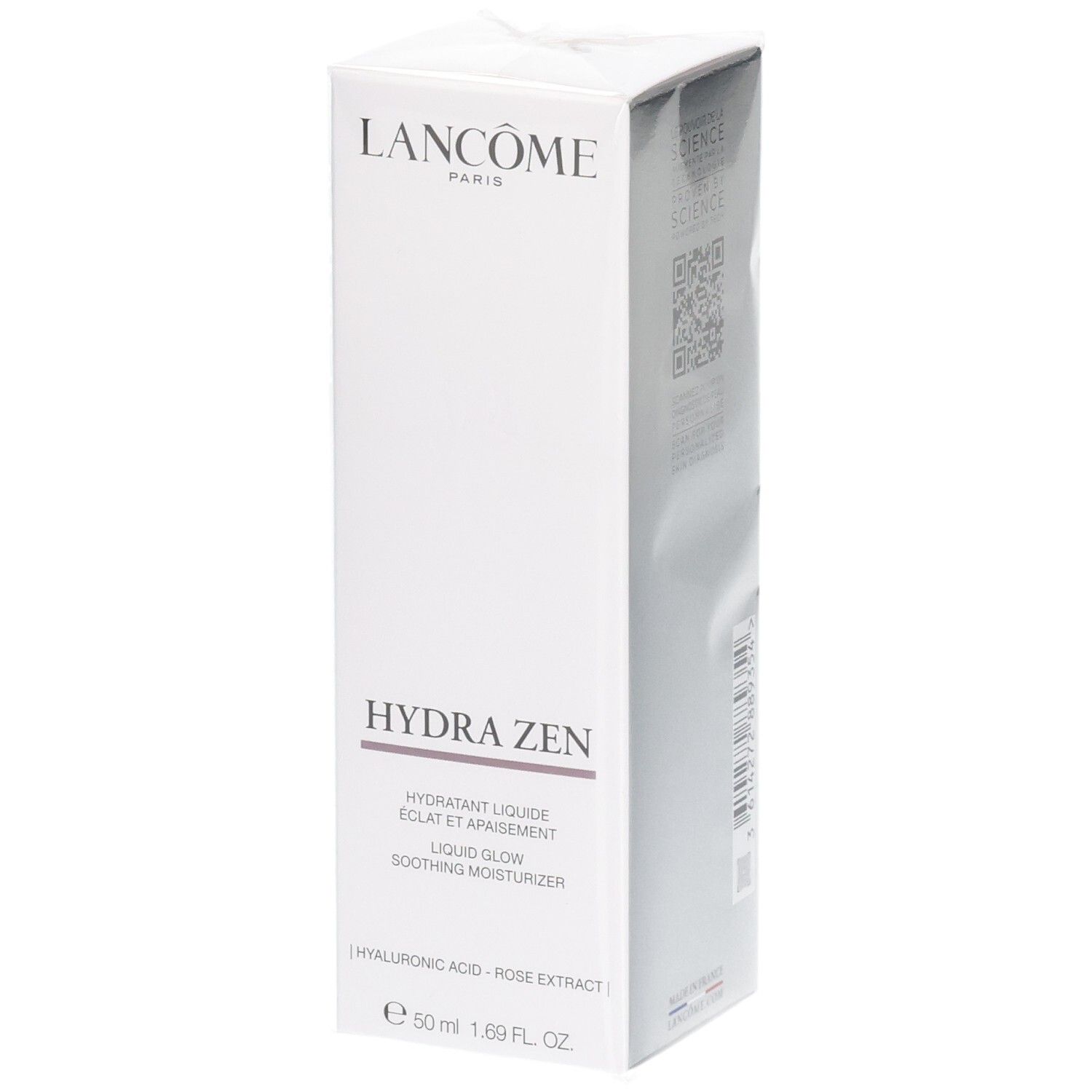 Fluide hydratant Lancôme Hydra Zen, emballage blanc avec des accents argentés.