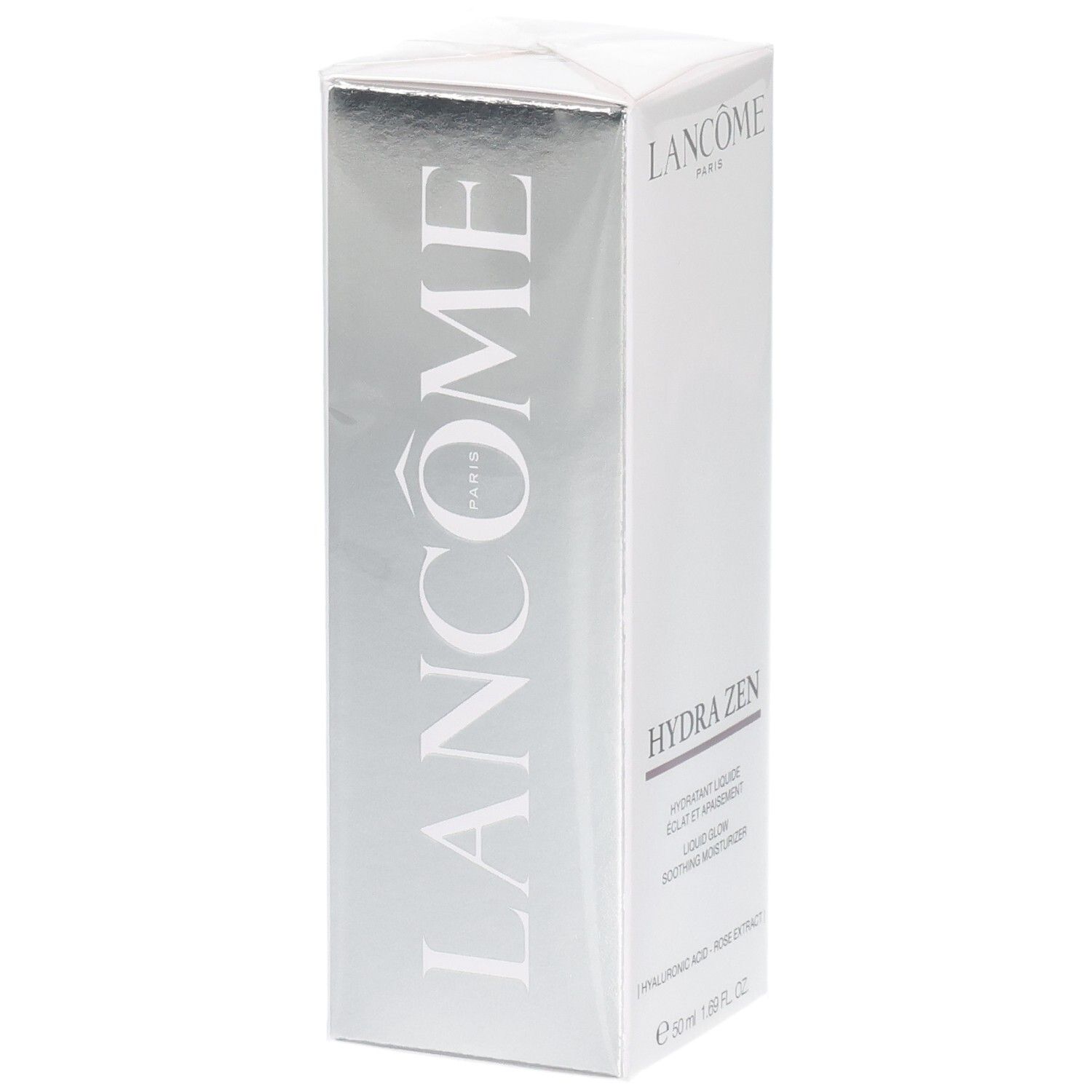 Fluide hydratant Lancôme Hydra Zen, vue latérale argentée de l'emballage.