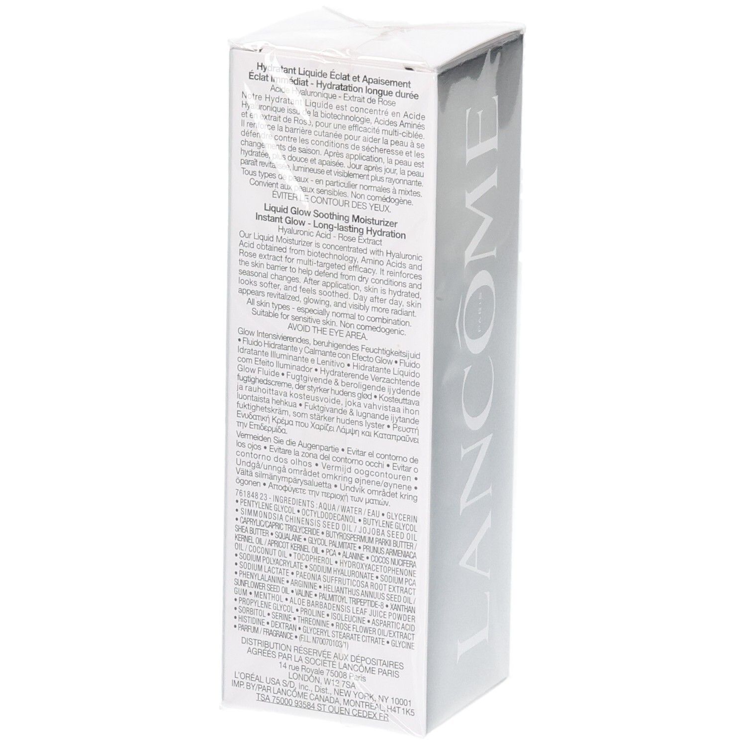 Fluide hydratant Lancôme Hydra Zen, arrière de l'emballage avec informations produit.
