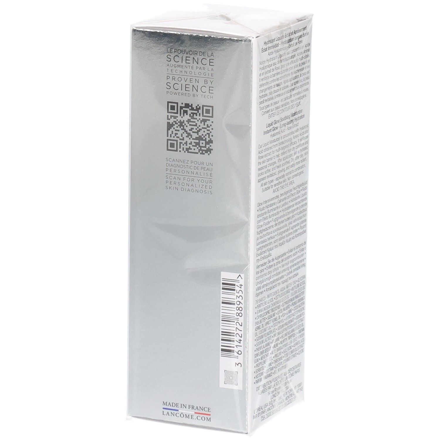 Fluide hydratant Lancôme Hydra Zen, emballage avec QR code et mention Made in France.