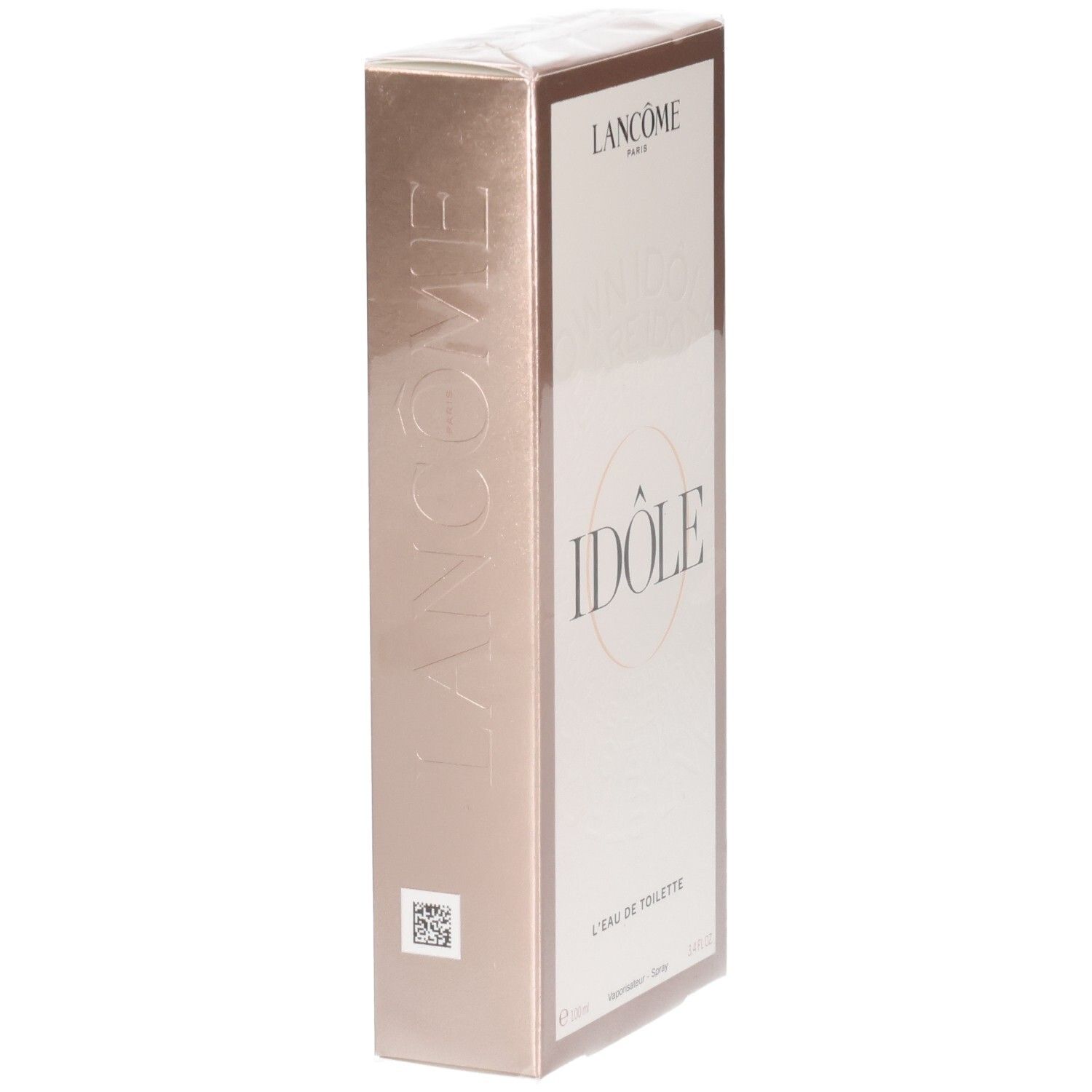 Emballage carton Lancôme Idôle L'Eau de Toilette, vue latérale avec nom de marque en relief.