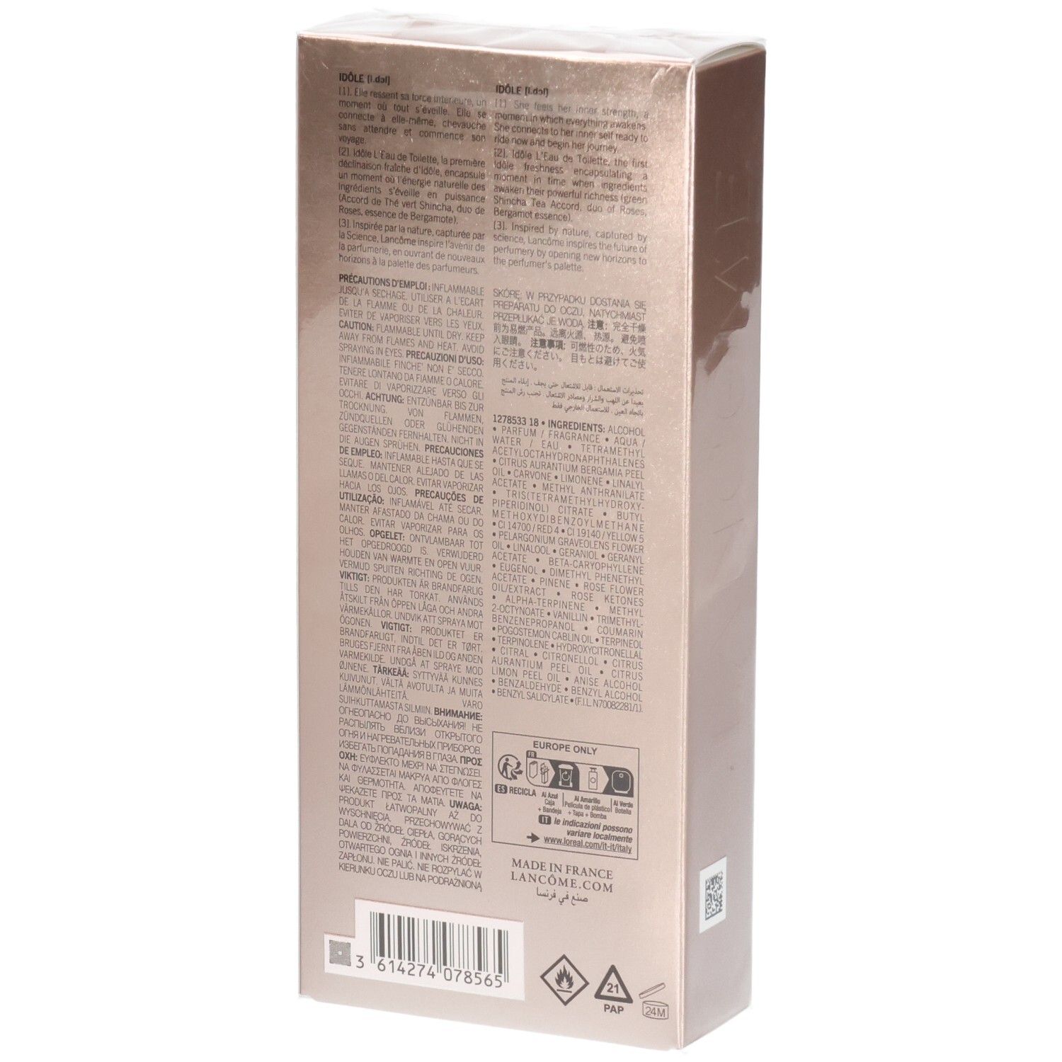 Emballage carton Lancôme Idôle L'Eau de Toilette, dos avec ingrédients et instructions.