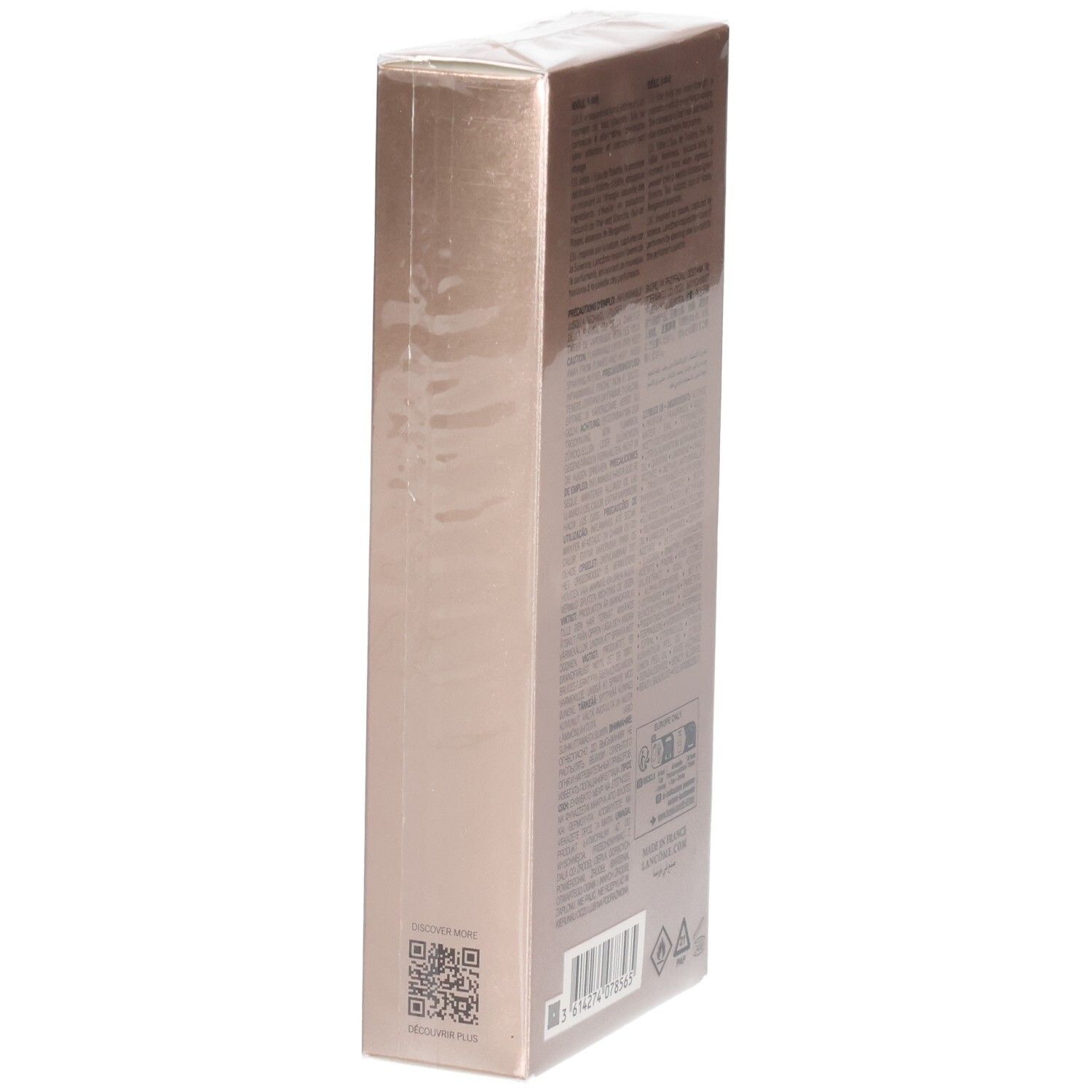 Emballage carton Lancôme Idôle L'Eau de Toilette, vue latérale avec QR code et code-barres.