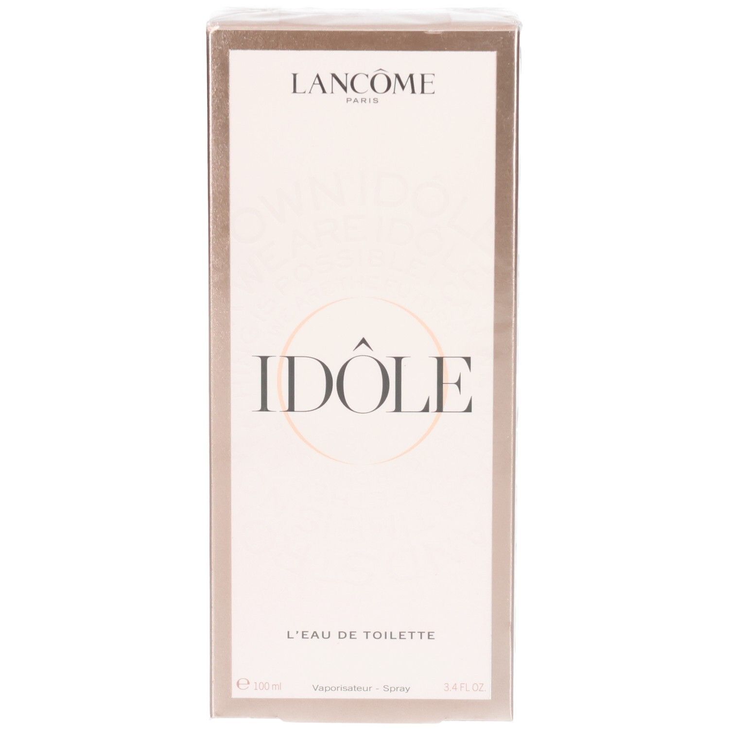 Emballage carton Lancôme Idôle L'Eau de Toilette, face avant avec nom du produit et logo.