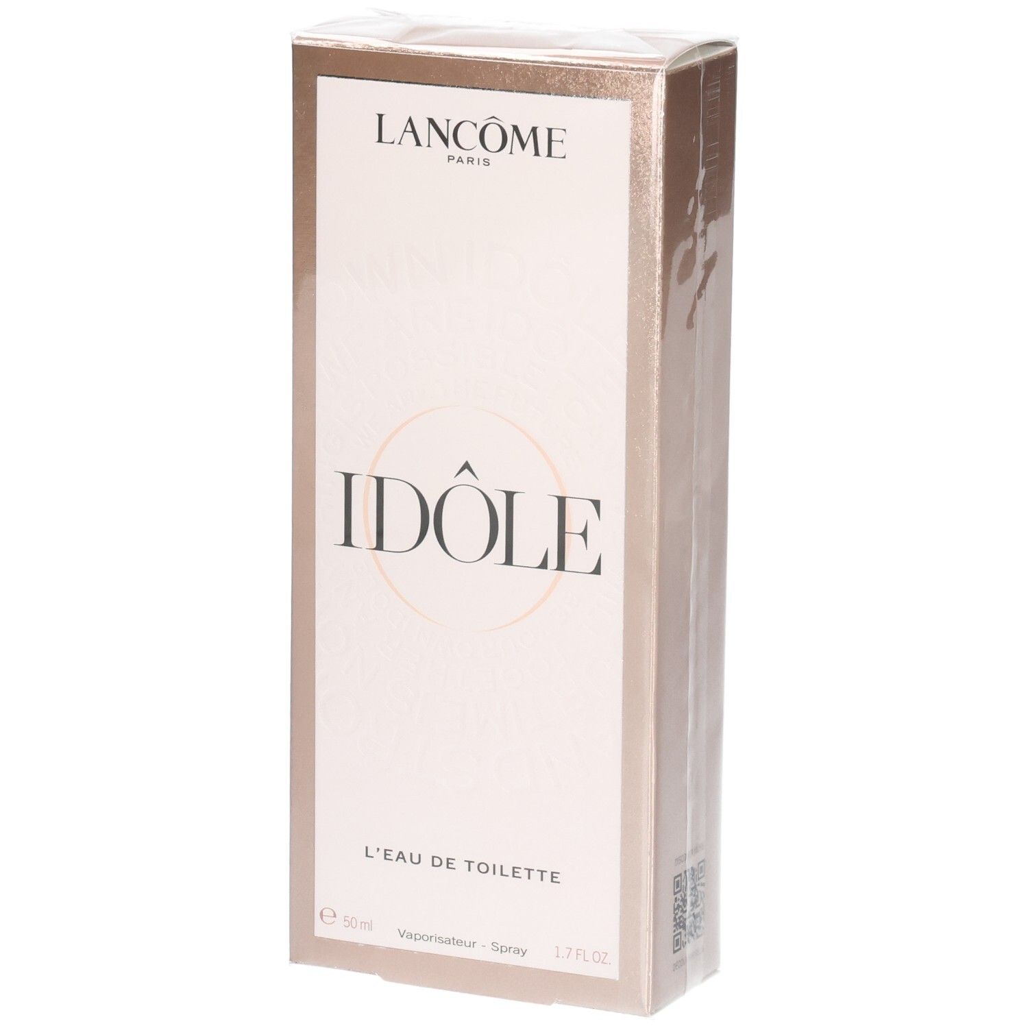 Emballage Lancôme Idôle Eau de Toilette, face avant. Boîte rose dorée avec nom du produit et logo.