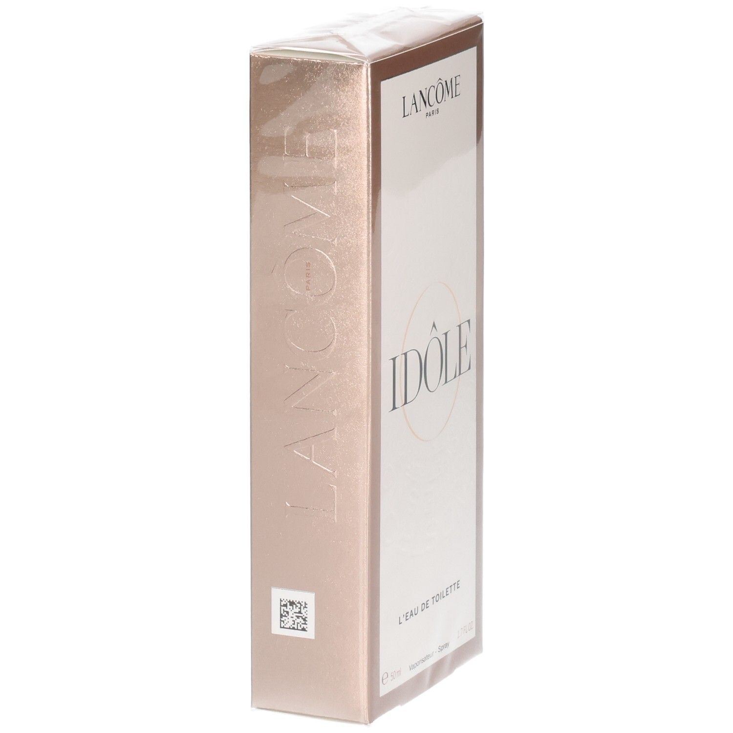 Emballage Lancôme Idôle Eau de Toilette, vue latérale. Boîte rose dorée avec logo en relief.