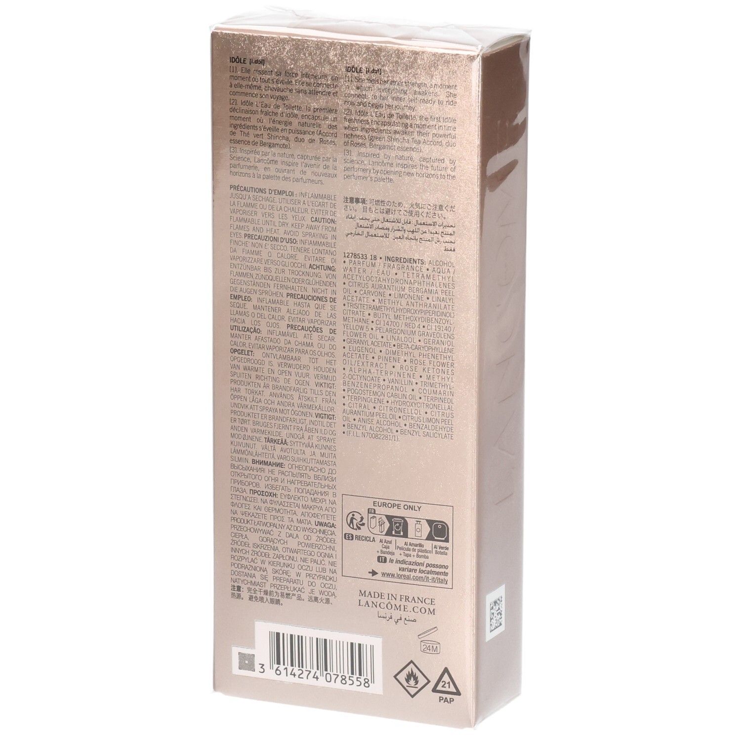 Emballage Lancôme Idôle Eau de Toilette, dos. Contient les ingrédients et les instructions d'utilisation.