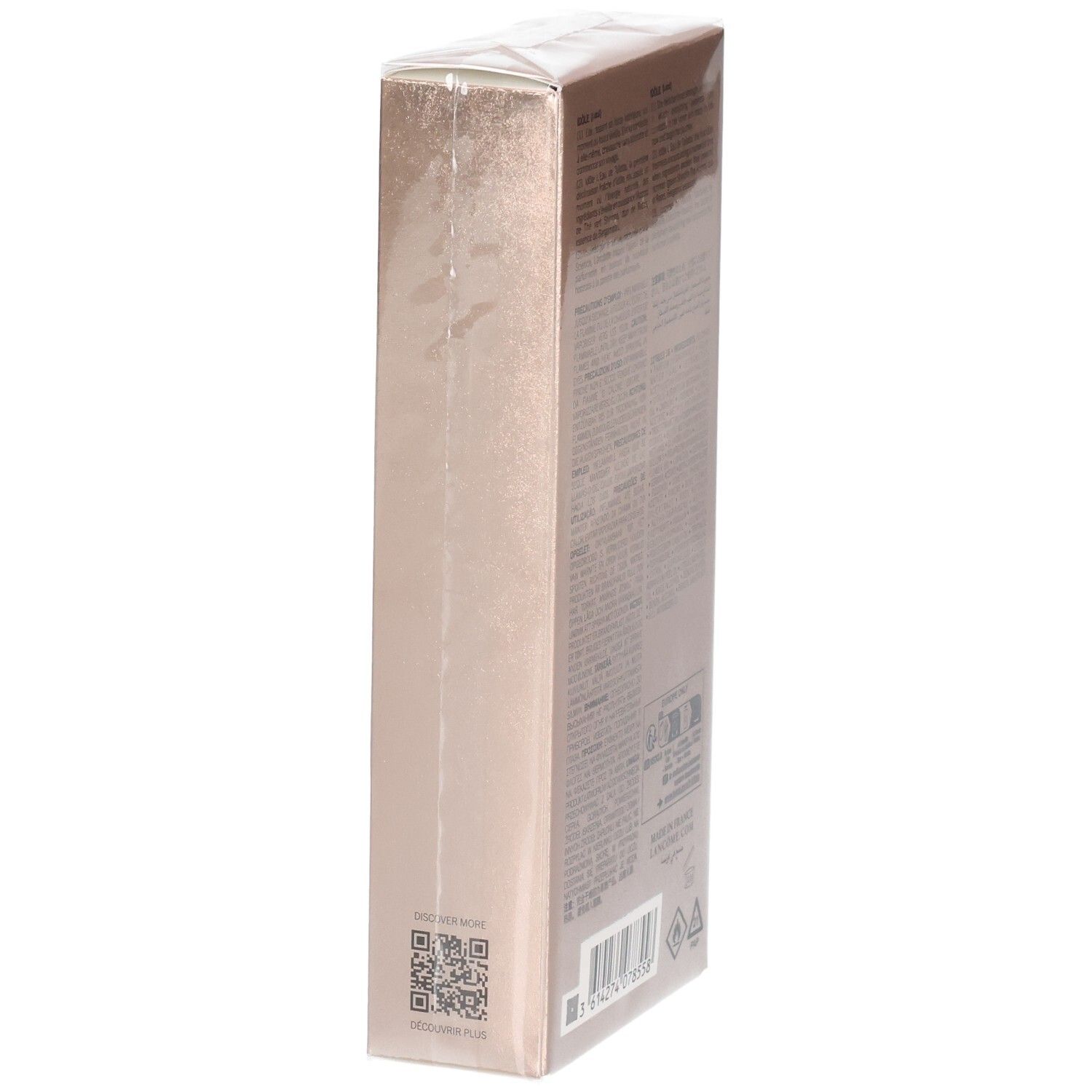 Emballage Lancôme Idôle Eau de Toilette, vue latérale avec QR code. Boîte rose dorée.