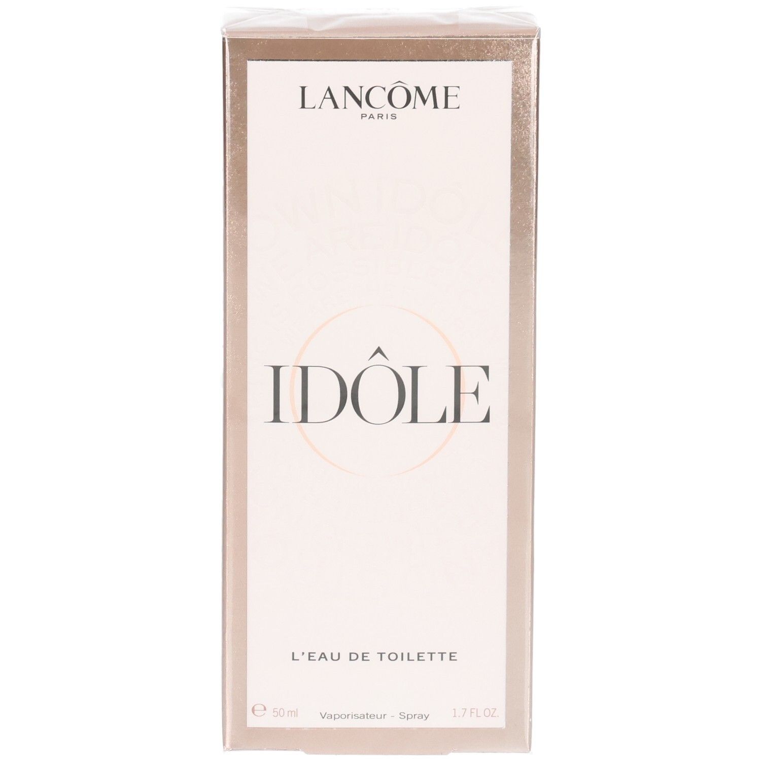 Emballage Lancôme Idôle Eau de Toilette, face avant. Boîte rose dorée avec nom du produit et logo.