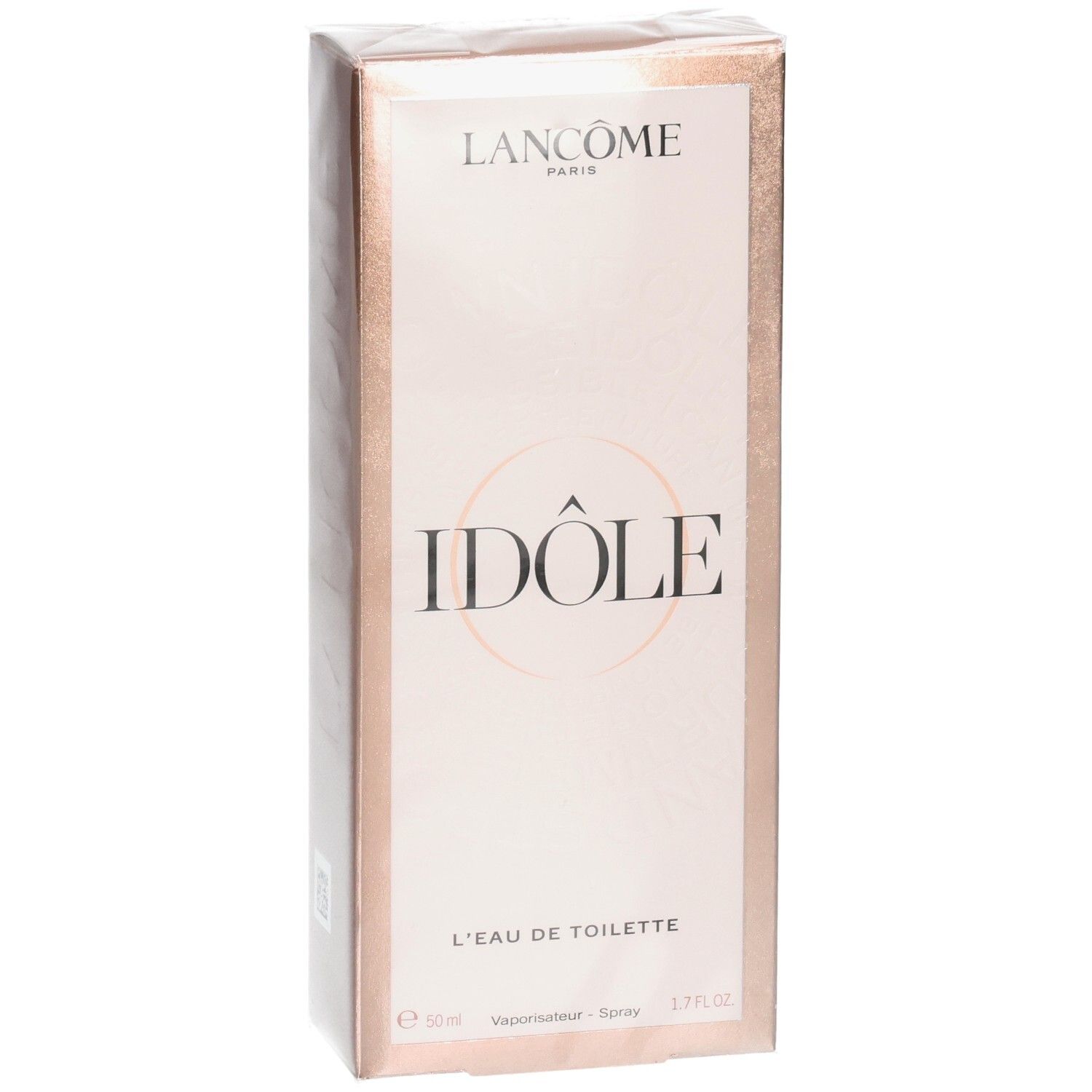 Emballage Lancôme Idôle Eau de Toilette, face avant. Boîte rose dorée avec nom du produit et logo.