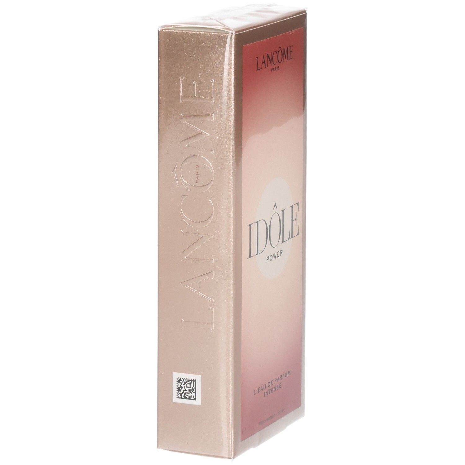 Boîte Lancôme Idôle Power Eau de Parfum Intensif, or rose avec logo en relief.