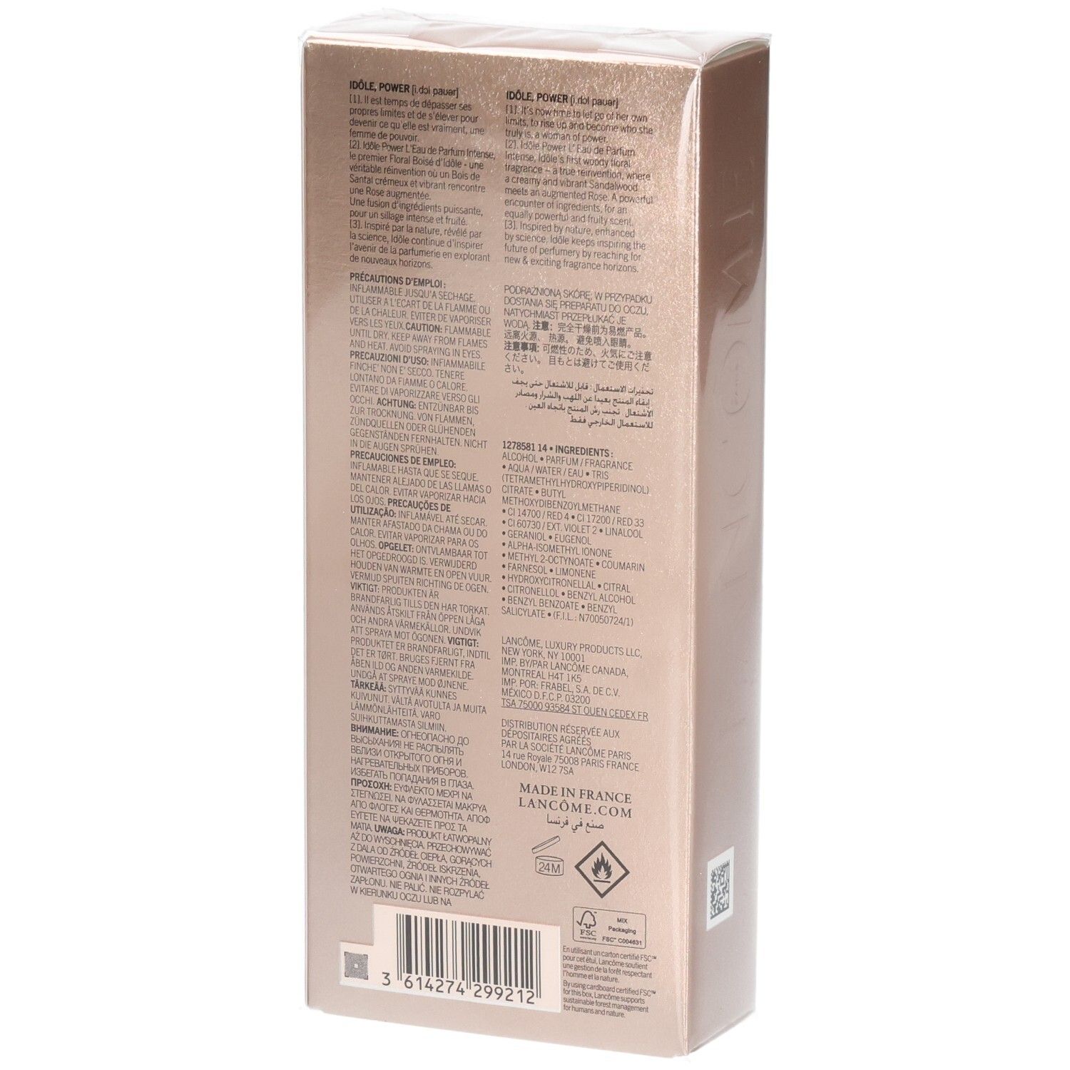 Emballage avec liste d'ingrédients et instructions d'utilisation multilingues. Marque Lancôme.