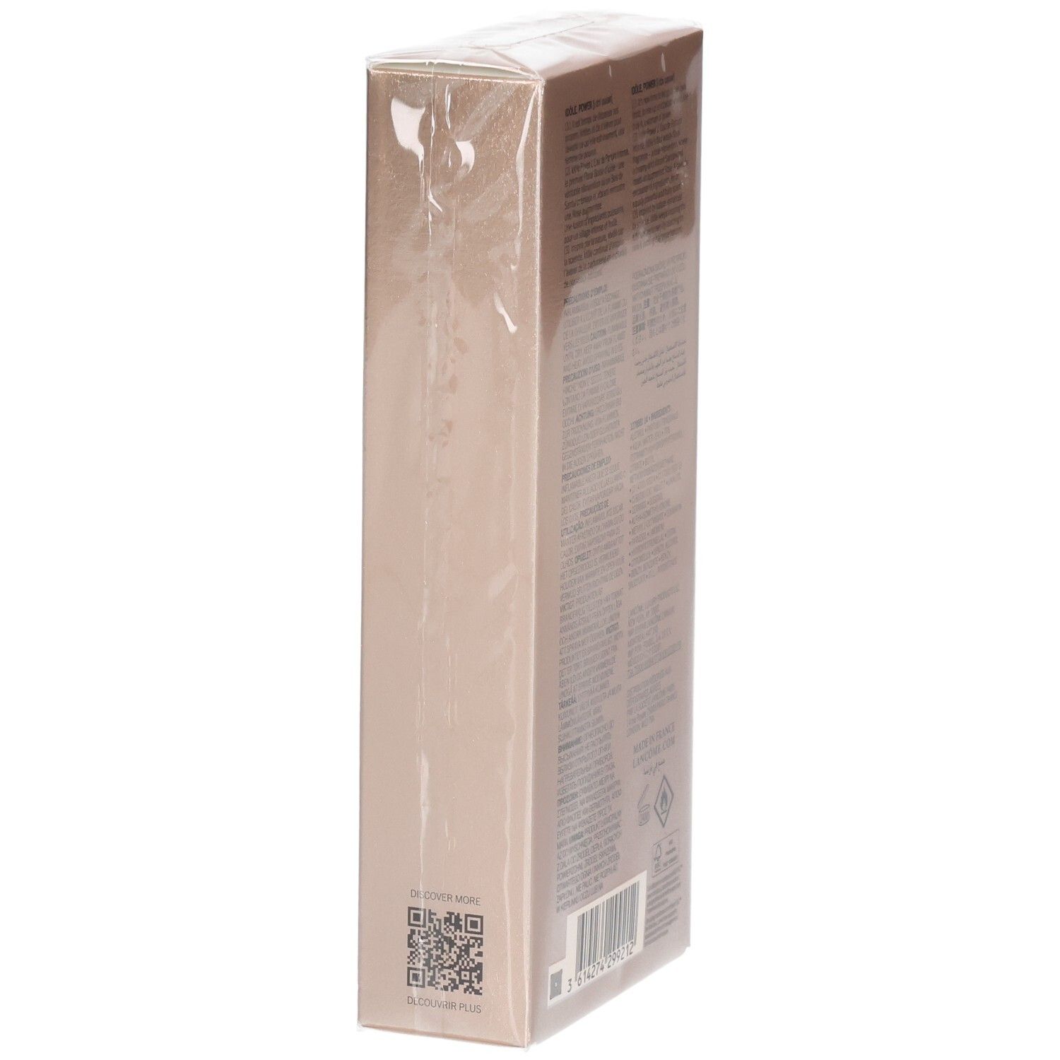 Emballage rectangulaire étroit, sous film plastique transparent. Texte et code QR sur le côté.
