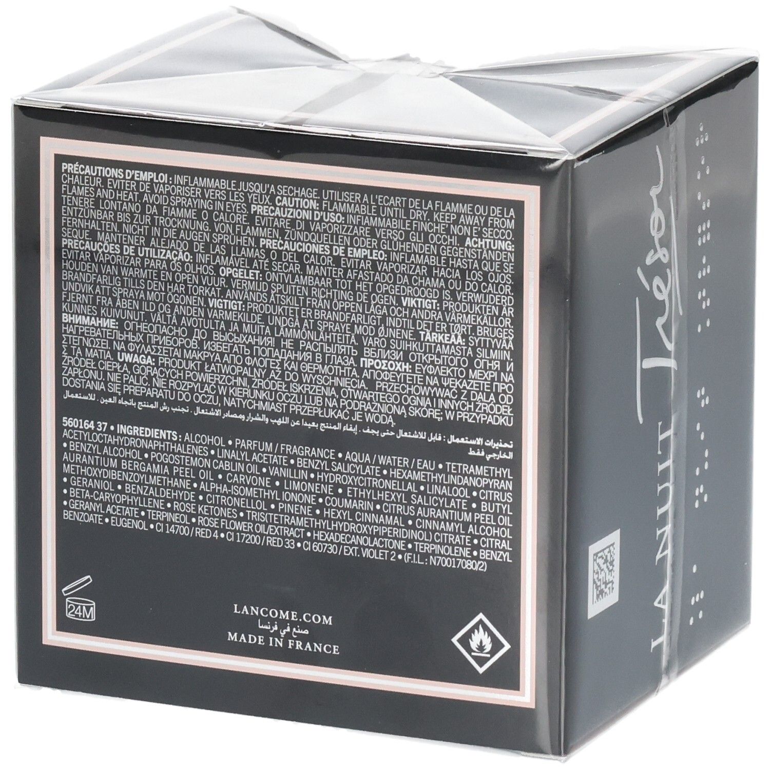 Lancôme La Nuit Trésor L'Eau de Parfum verso con ingredienti e istruzioni.