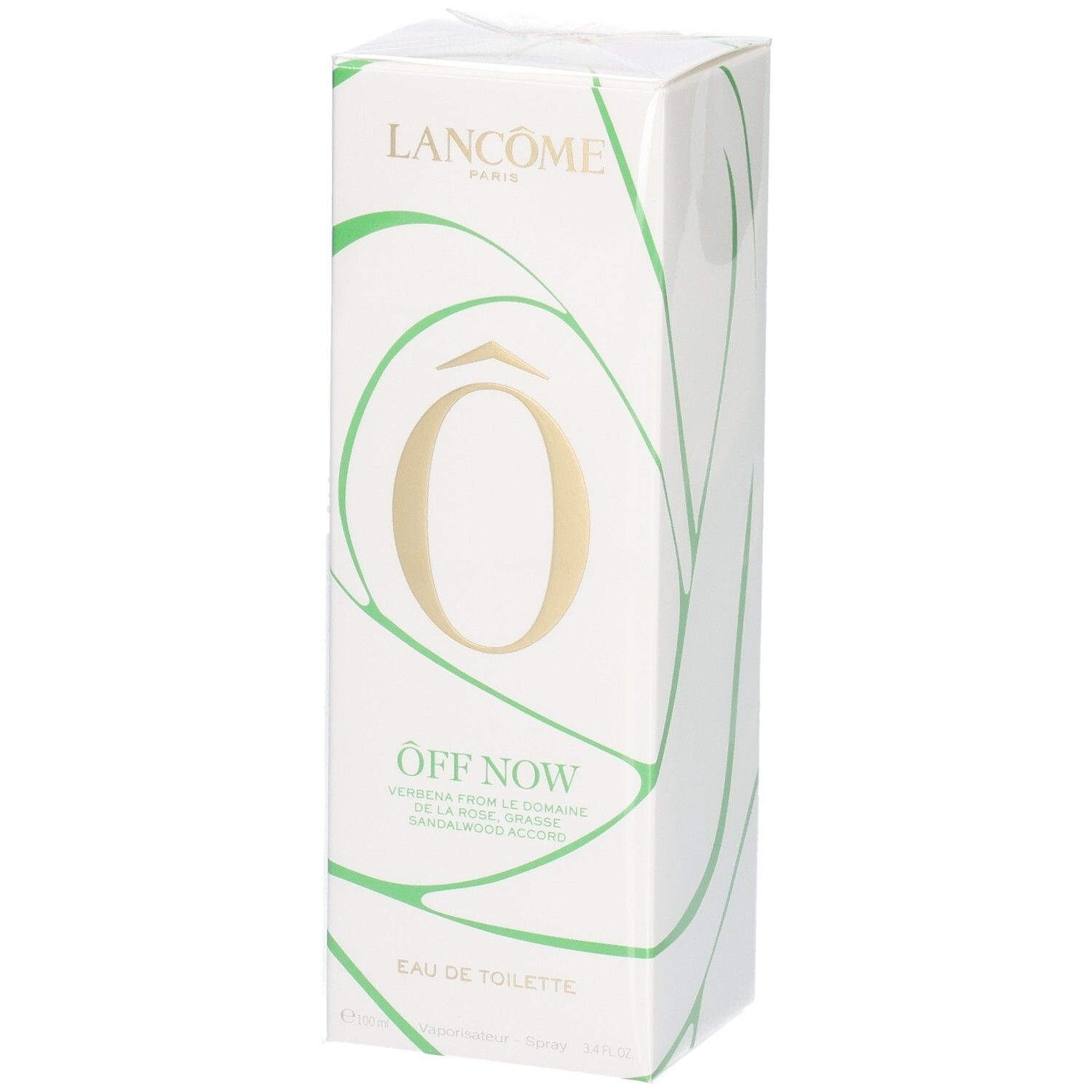 Emballage Lancôme Ôff Now Eau de Toilette avec lignes vertes et logo "Ô" doré.