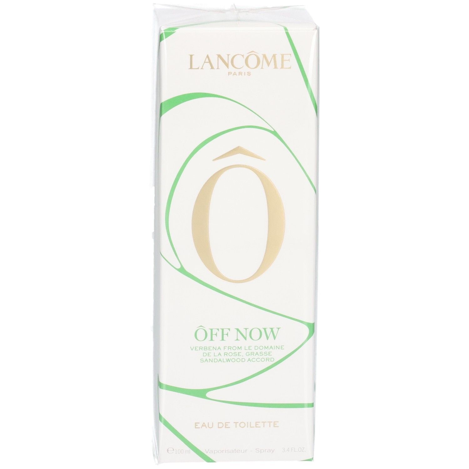 Emballage Lancôme Ôff Now Eau de Toilette avec lignes vertes et logo "Ô" doré.