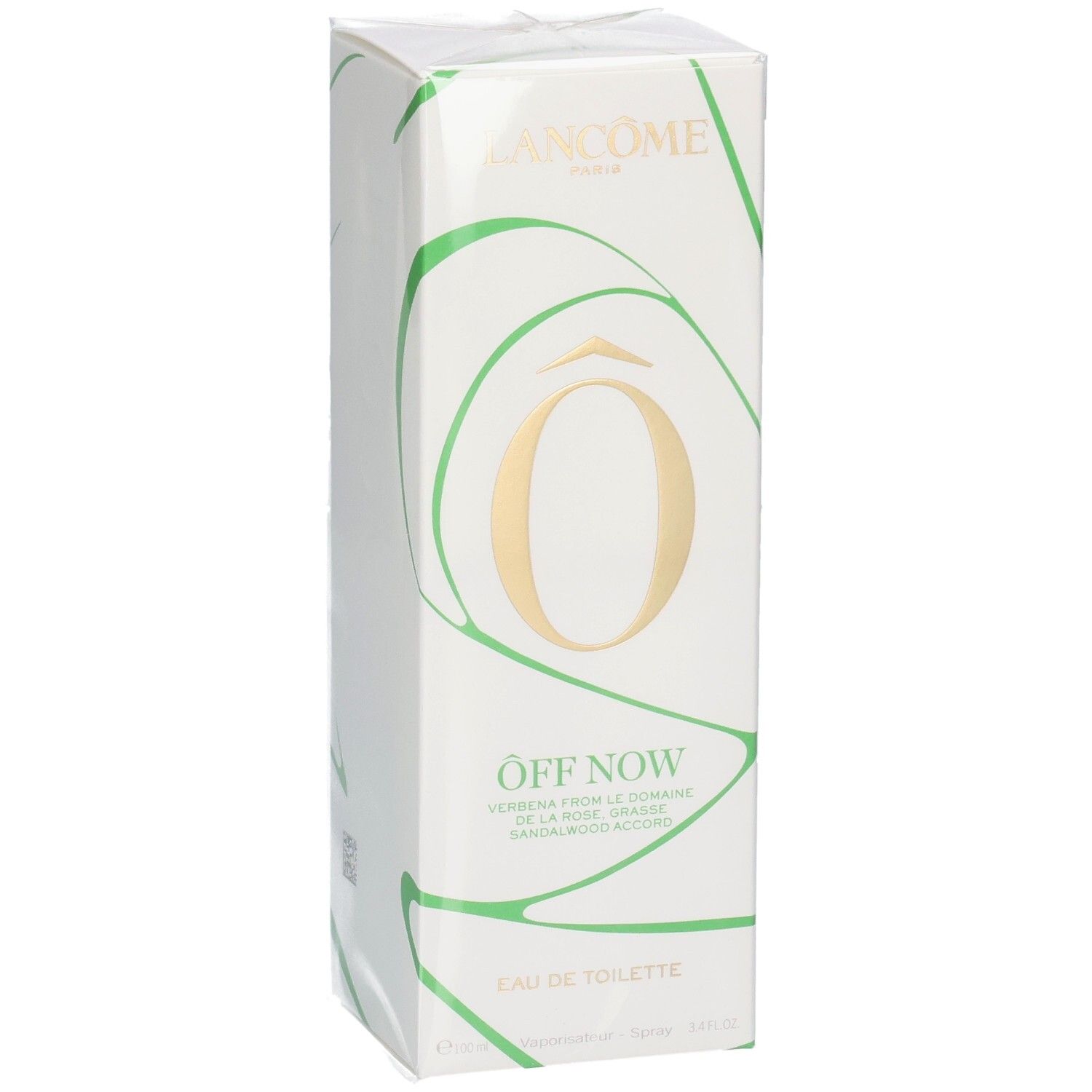 Emballage Lancôme Ôff Now Eau de Toilette avec lignes vertes et logo "Ô" doré.