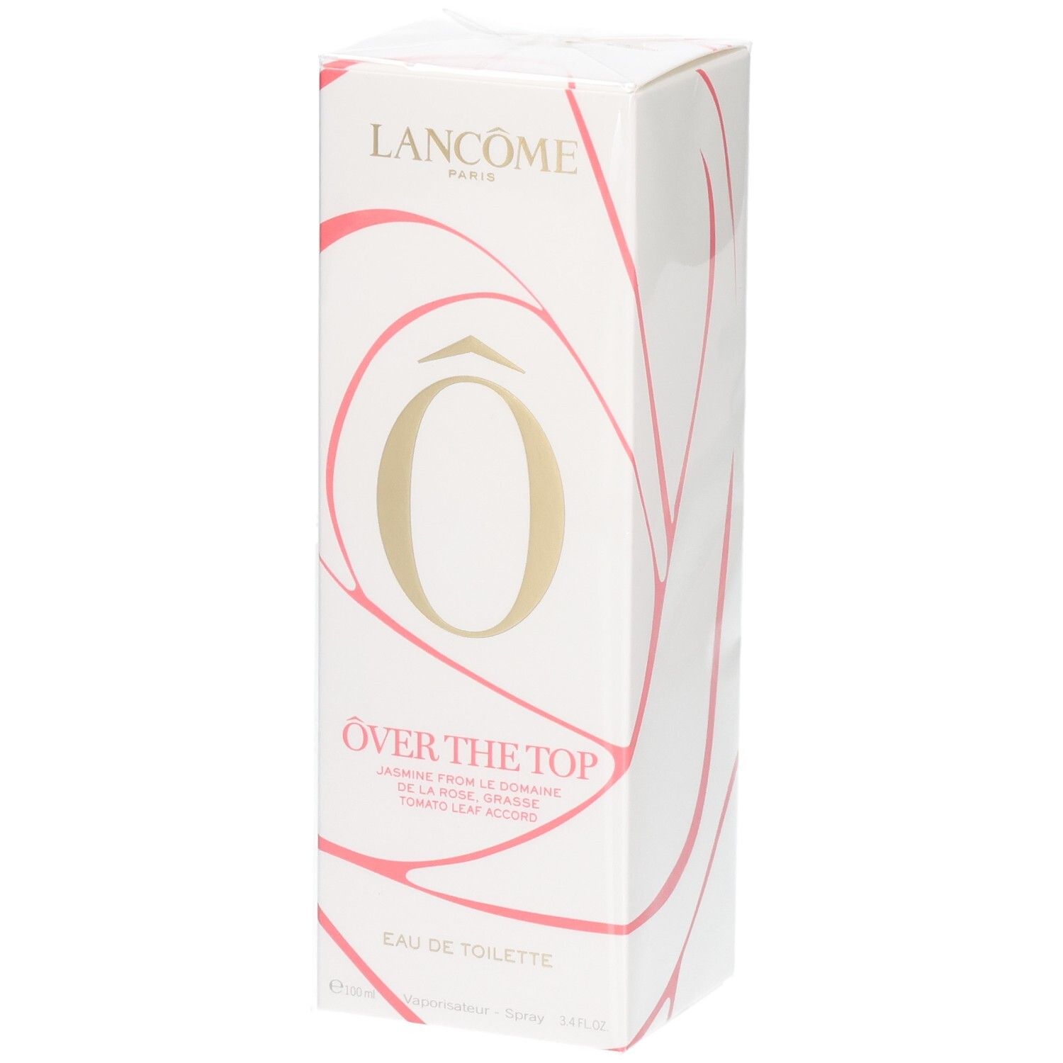 Emballage Lancôme Ôver the Top Eau de Toilette avec design rose et doré.