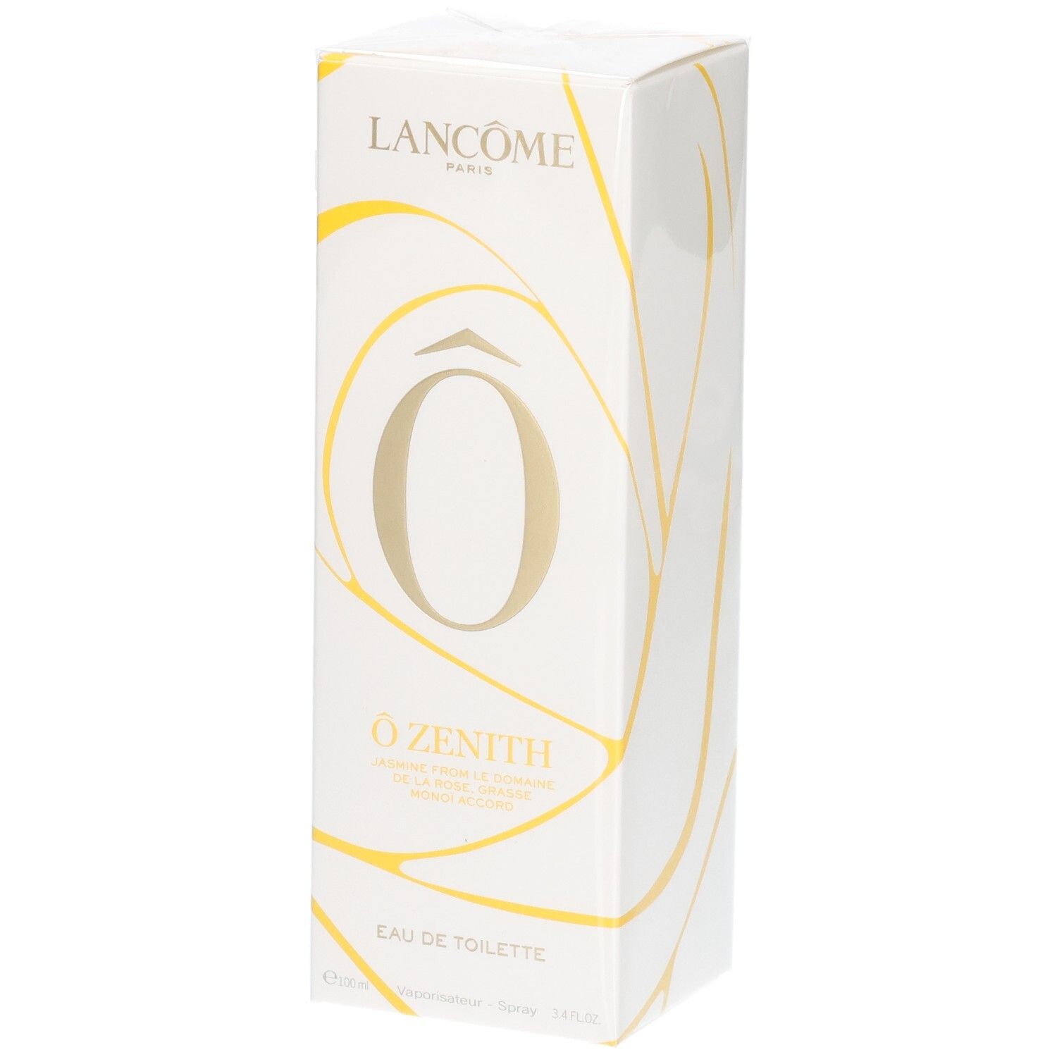 Emballage Lancôme Ô ZENITH Eau de Toilette avec lignes dorées et grand symbole 'Ô'.