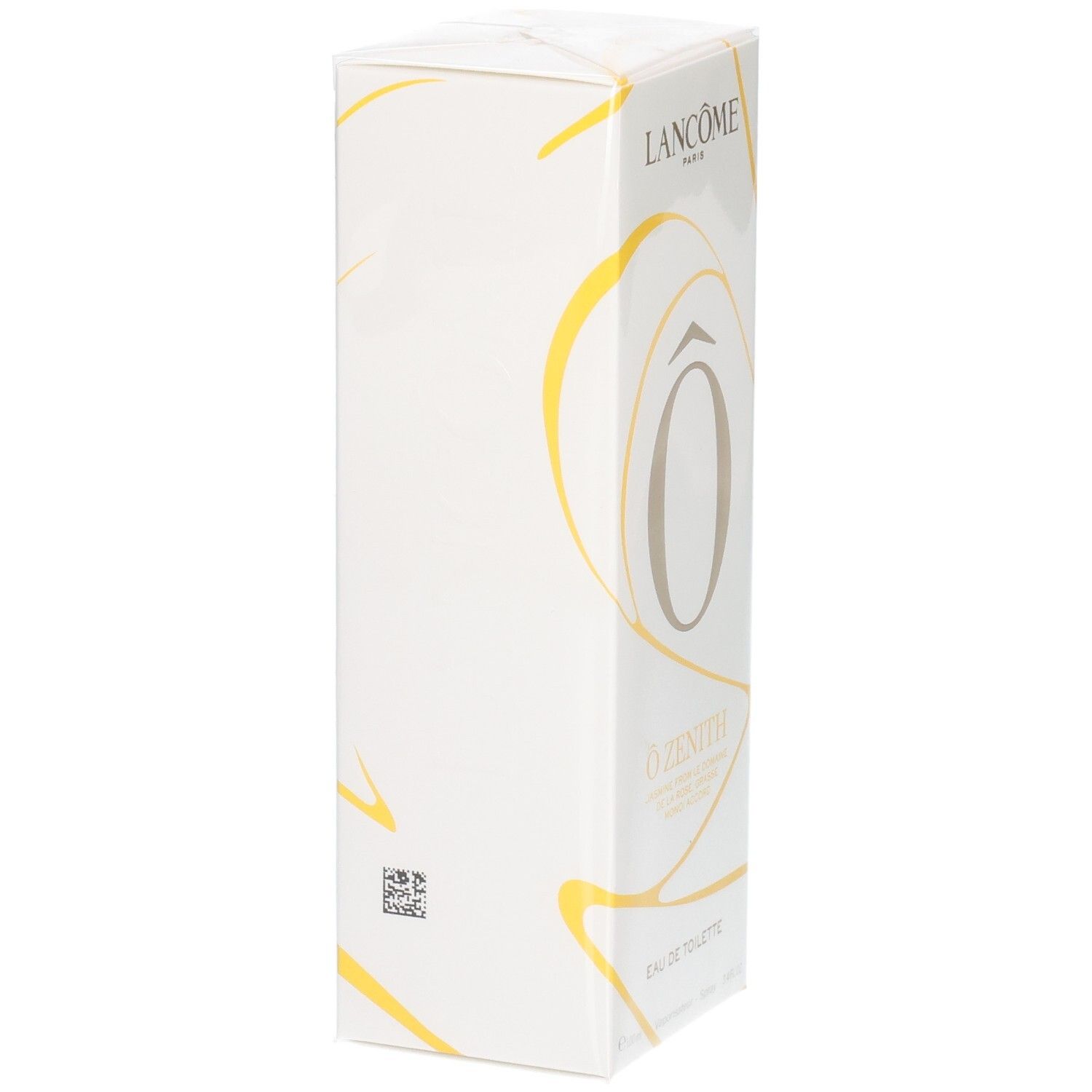 Emballage Lancôme Ô ZENITH Eau de Toilette, vue latérale avec code QR et lignes dorées.