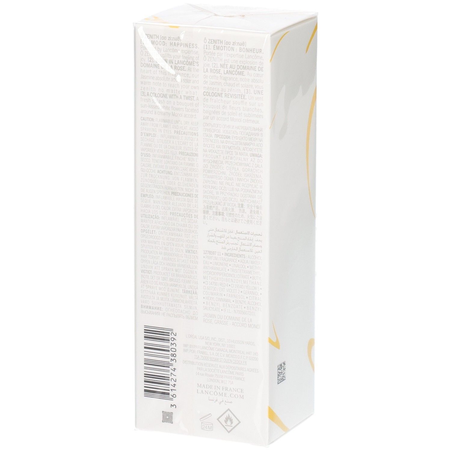 Arrière de l'emballage Lancôme Ô ZENITH Eau de Toilette avec informations détaillées et code-barres.