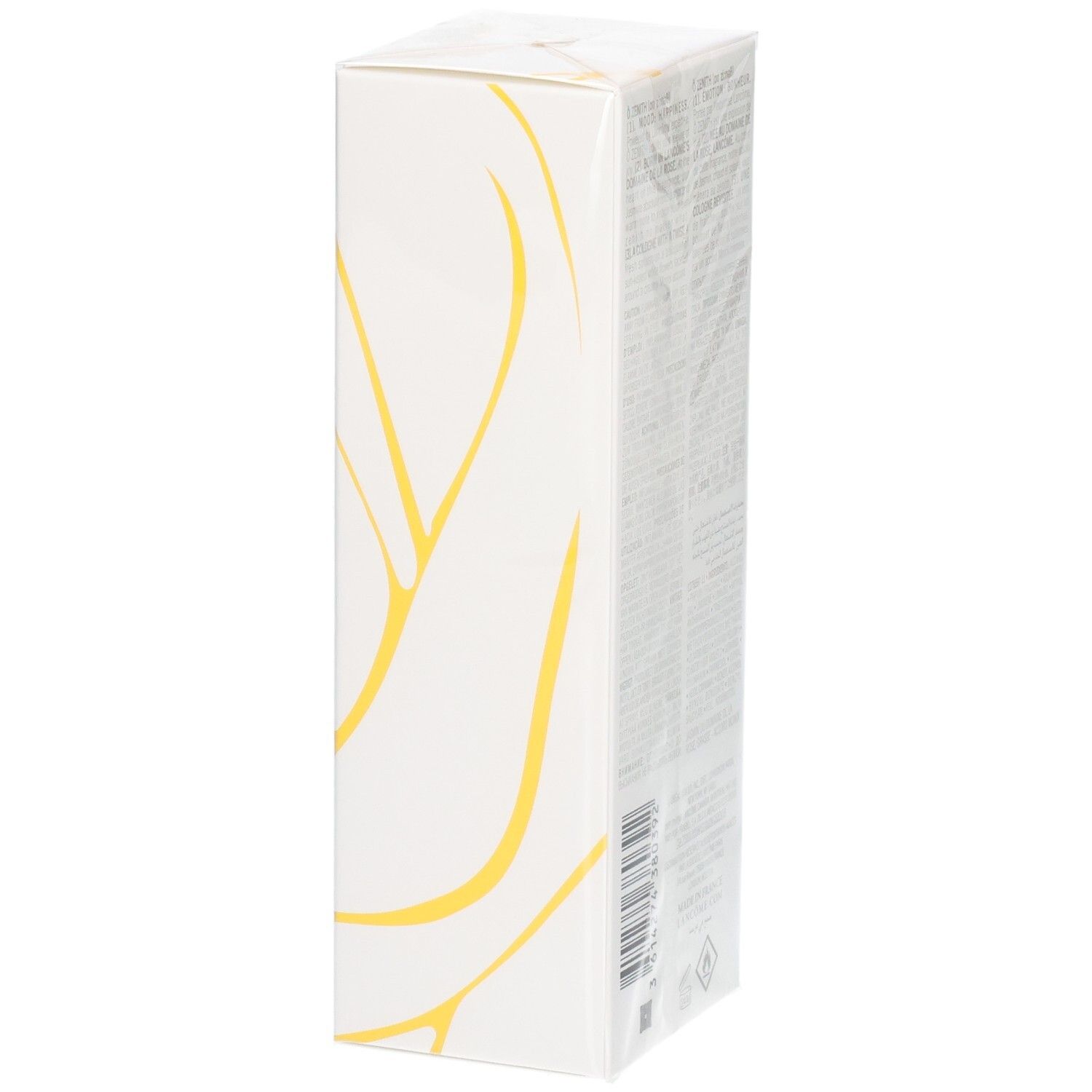 Emballage Lancôme Ô ZENITH Eau de Toilette, vue latérale avec lignes dorées et texte.