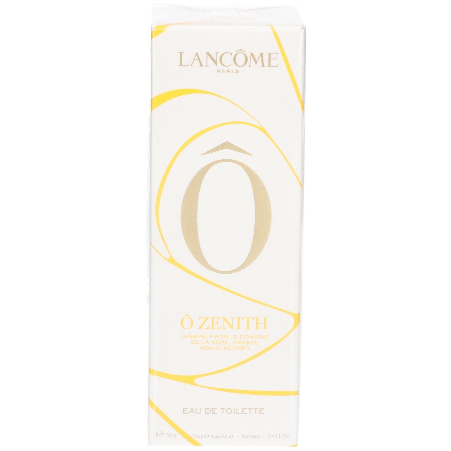 Emballage Lancôme Ô ZENITH Eau de Toilette, face avant avec logo, nom du produit et ornements dorés.