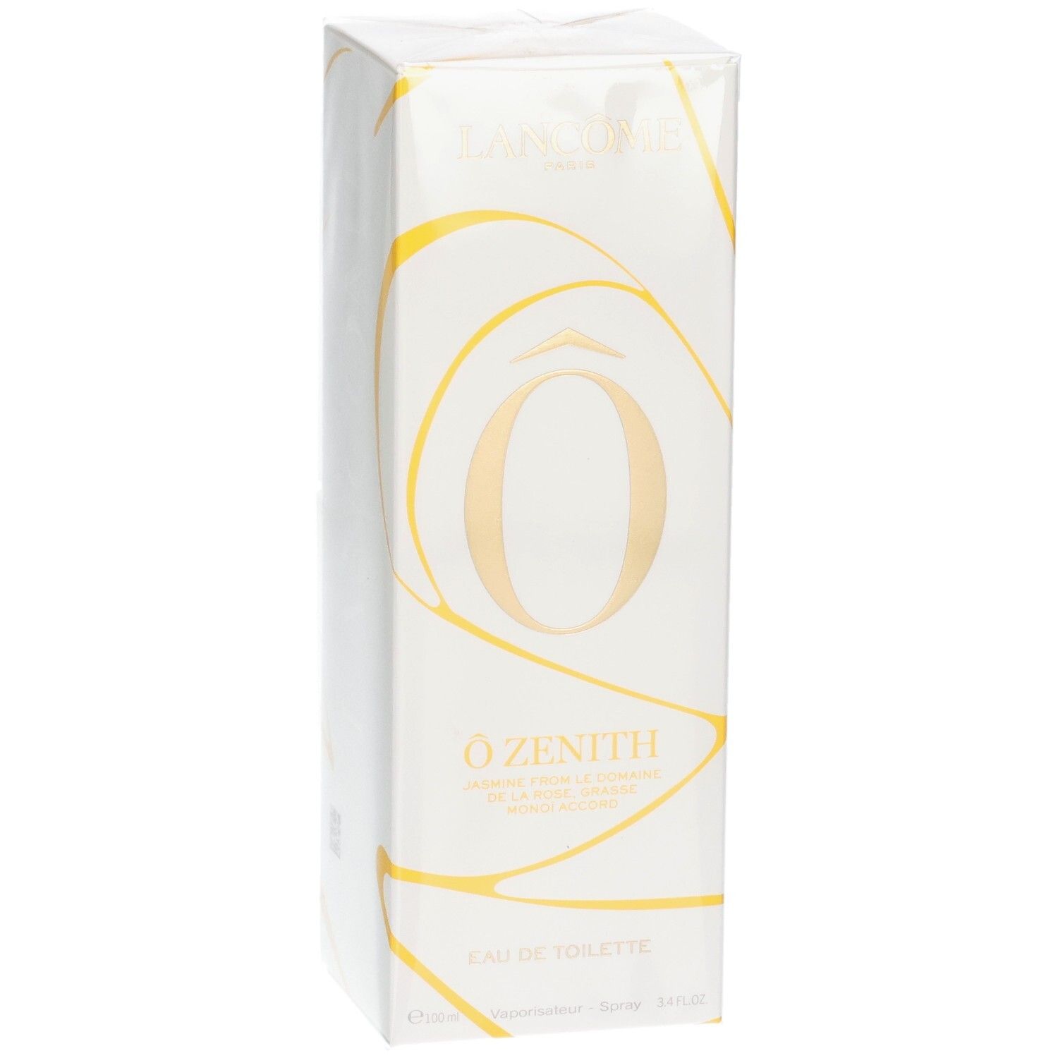 Emballage Lancôme Ô ZENITH Eau de Toilette, légèrement en biais de face avec lignes dorées et symbole 'Ô'.