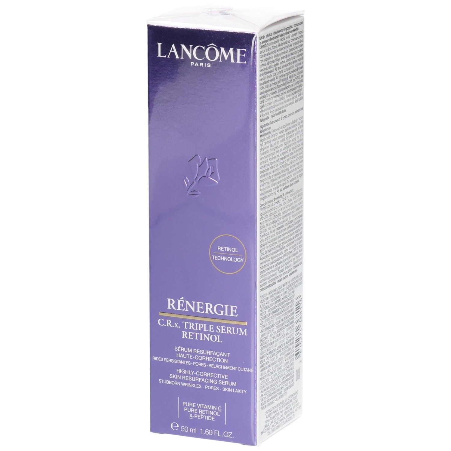 Emballage Lancôme Rénergie C.R.X. Triple Sérum Rétinol. Contient la technologie Rétinol.