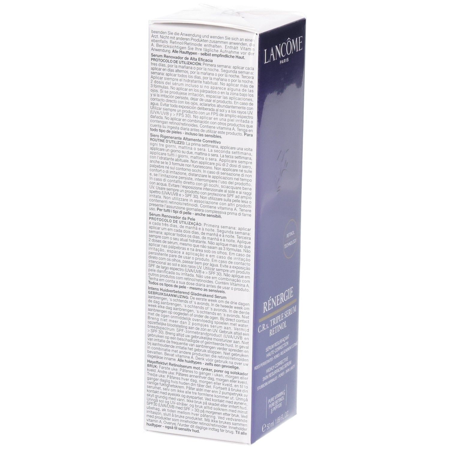Arrière de l'emballage Lancôme Rénergie C.R.X. Triple Sérum Rétinol avec informations produit.