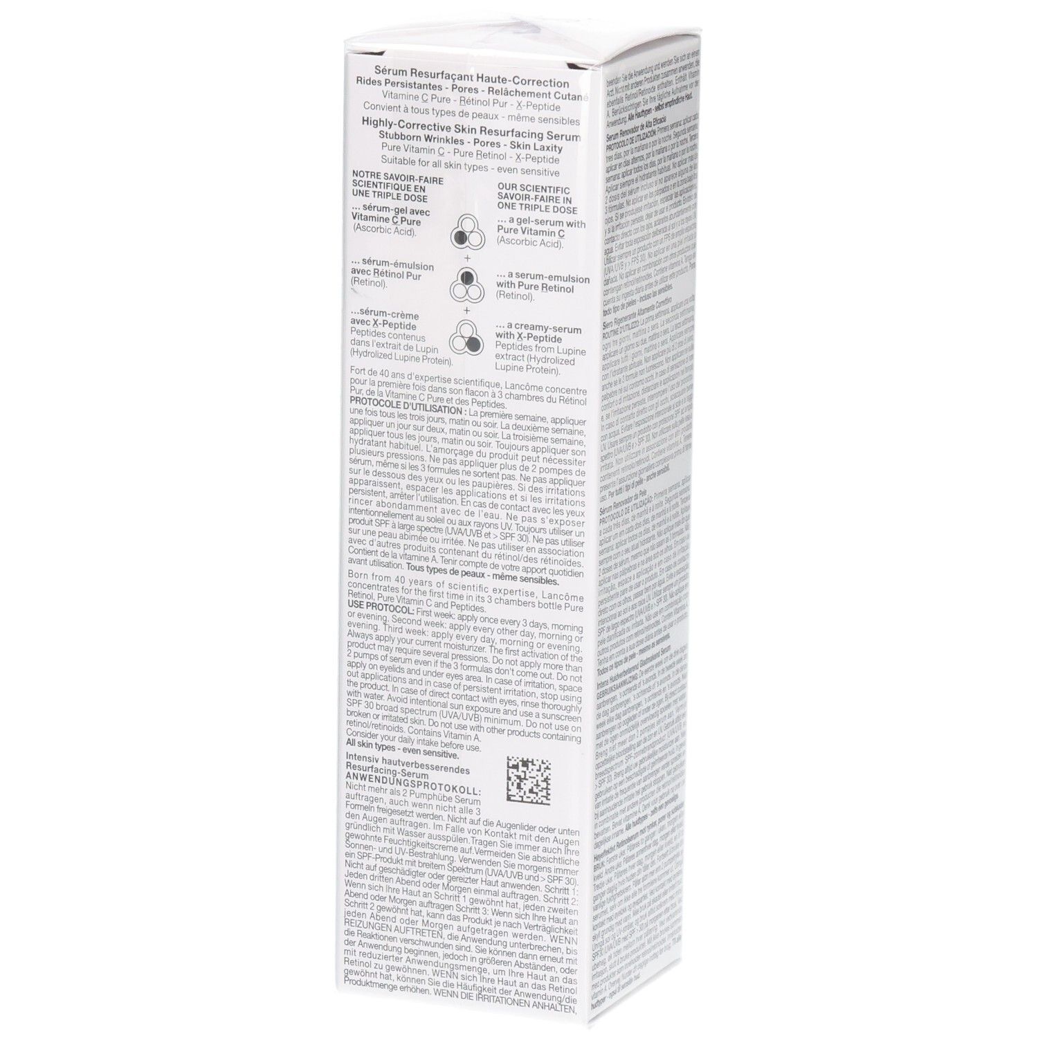Côté de l'emballage Lancôme Rénergie C.R.X. Triple Sérum Rétinol avec détails sur la formule.