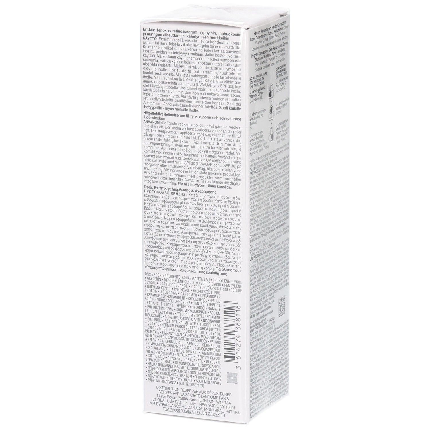 Côté de l'emballage Lancôme Rénergie C.R.X. Triple Sérum Rétinol avec instructions d'utilisation.