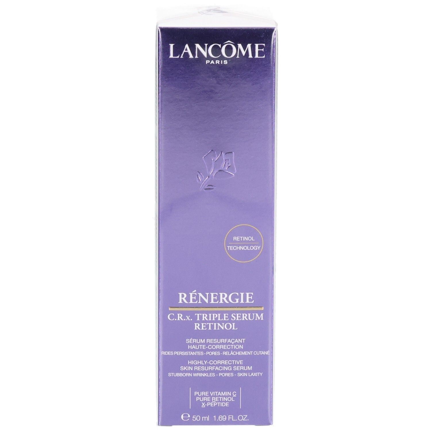 Emballage Lancôme Rénergie C.R.X. Triple Sérum Rétinol. Contient la technologie Rétinol.