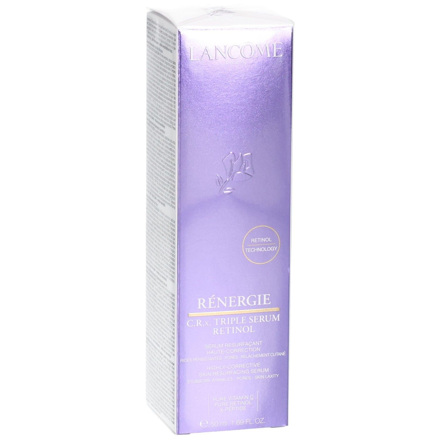 Emballage Lancôme Rénergie C.R.X. Triple Sérum Rétinol. Contient la technologie Rétinol.
