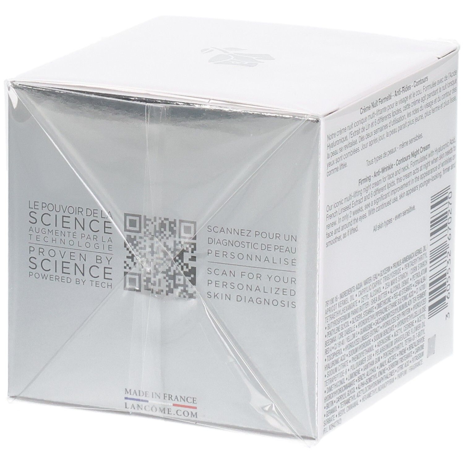 Emballage Lancôme Rénergie Multi-Lift Nuit Crème de Nuit, côté avec QR code et texte.