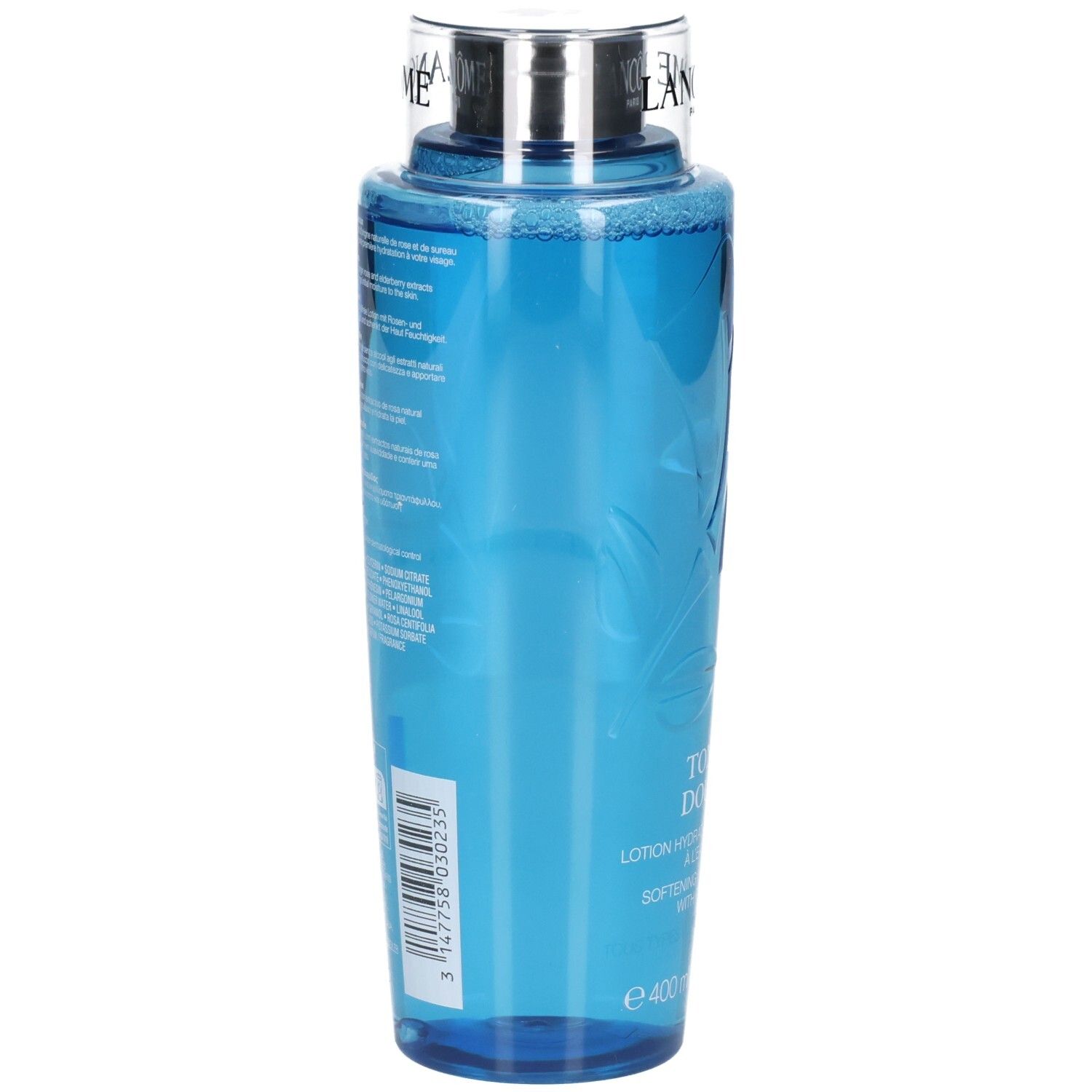 Lancôme Tonique Douceur, 400ml, arrière de la bouteille avec code-barres et informations produit.