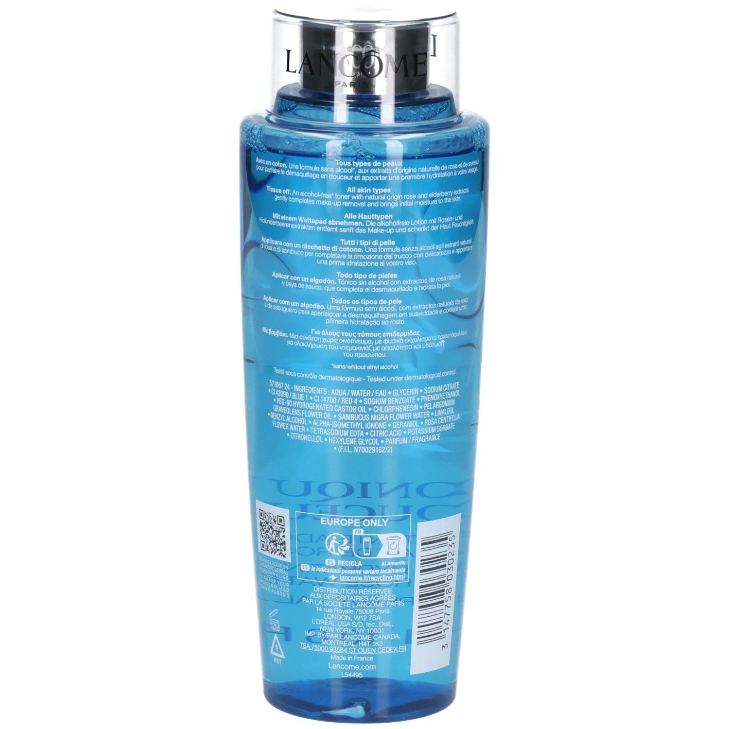 Lancôme Tonique Douceur, 400ml, arrière de la bouteille avec instructions d'utilisation et ingrédients.
