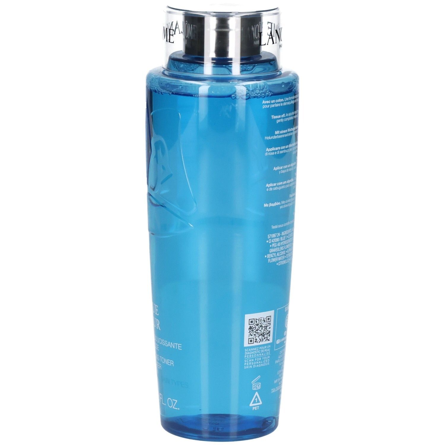 Lancôme Tonique Douceur, 400ml, arrière de la bouteille avec QR code et symboles de certification.