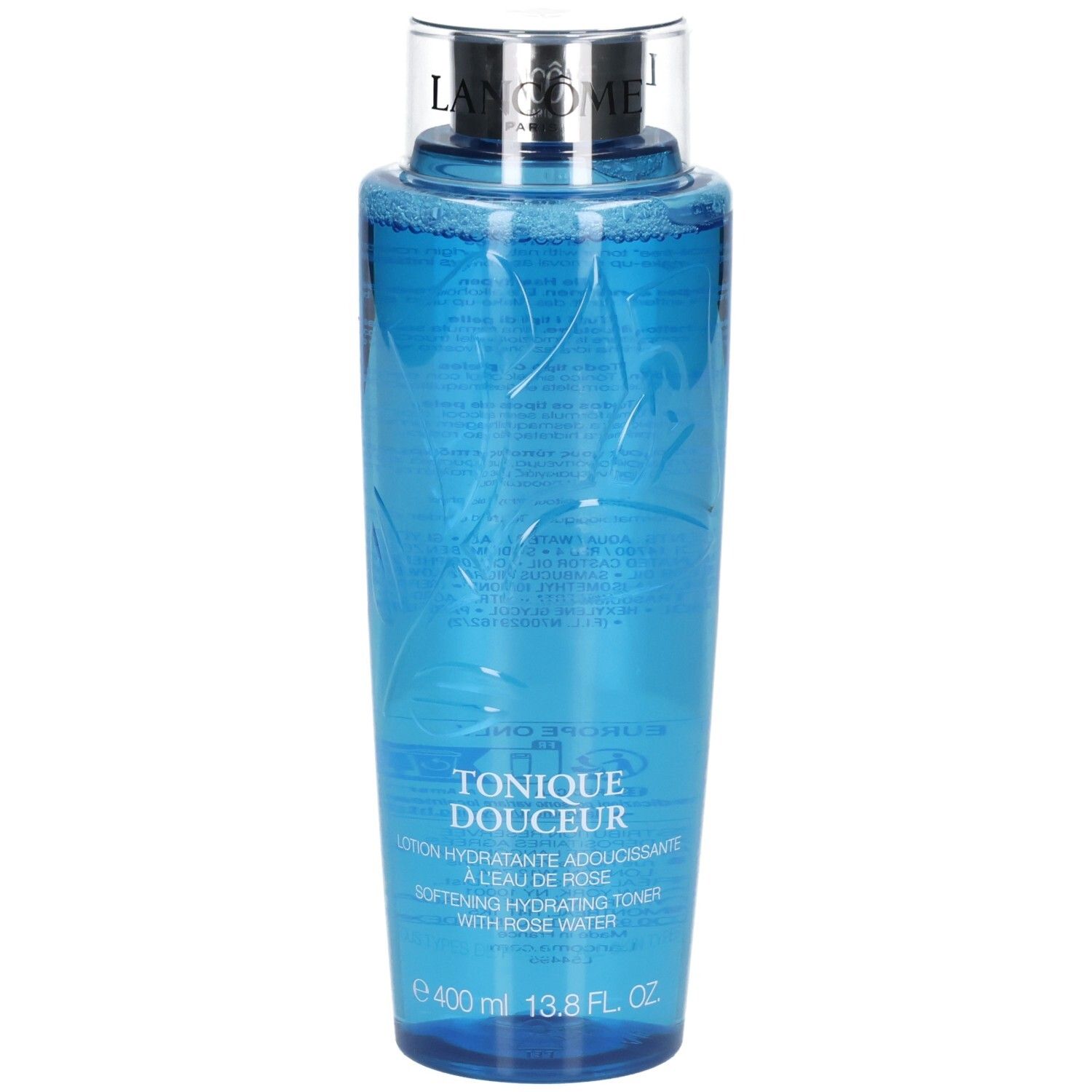 Lancôme Tonique Douceur, 400ml, lotion hydratante adoucissante à l'eau de rose, légère effervescence.