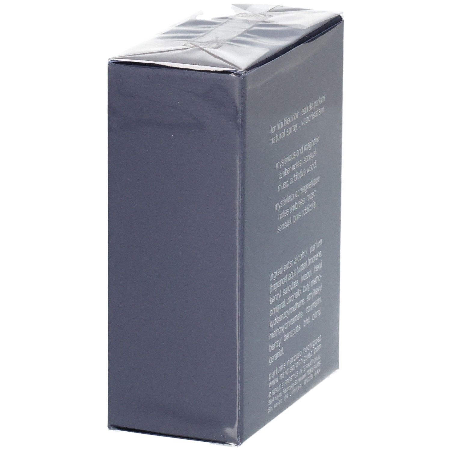 Vue latérale de la boîte de Narciso Rodriguez For Him Bleu Noir Eau de Parfum.
