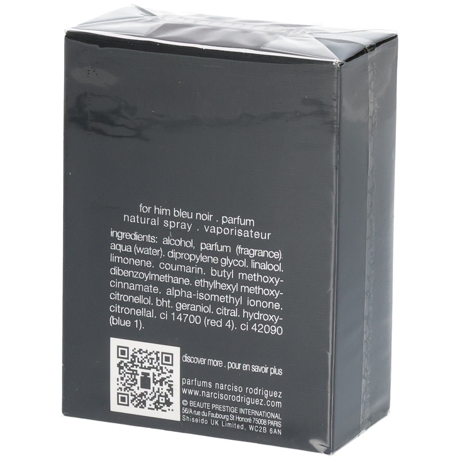 Emballage pour 'for him bleu noir. parfum natural spray vaporisateur' avec ingrédients et code QR.