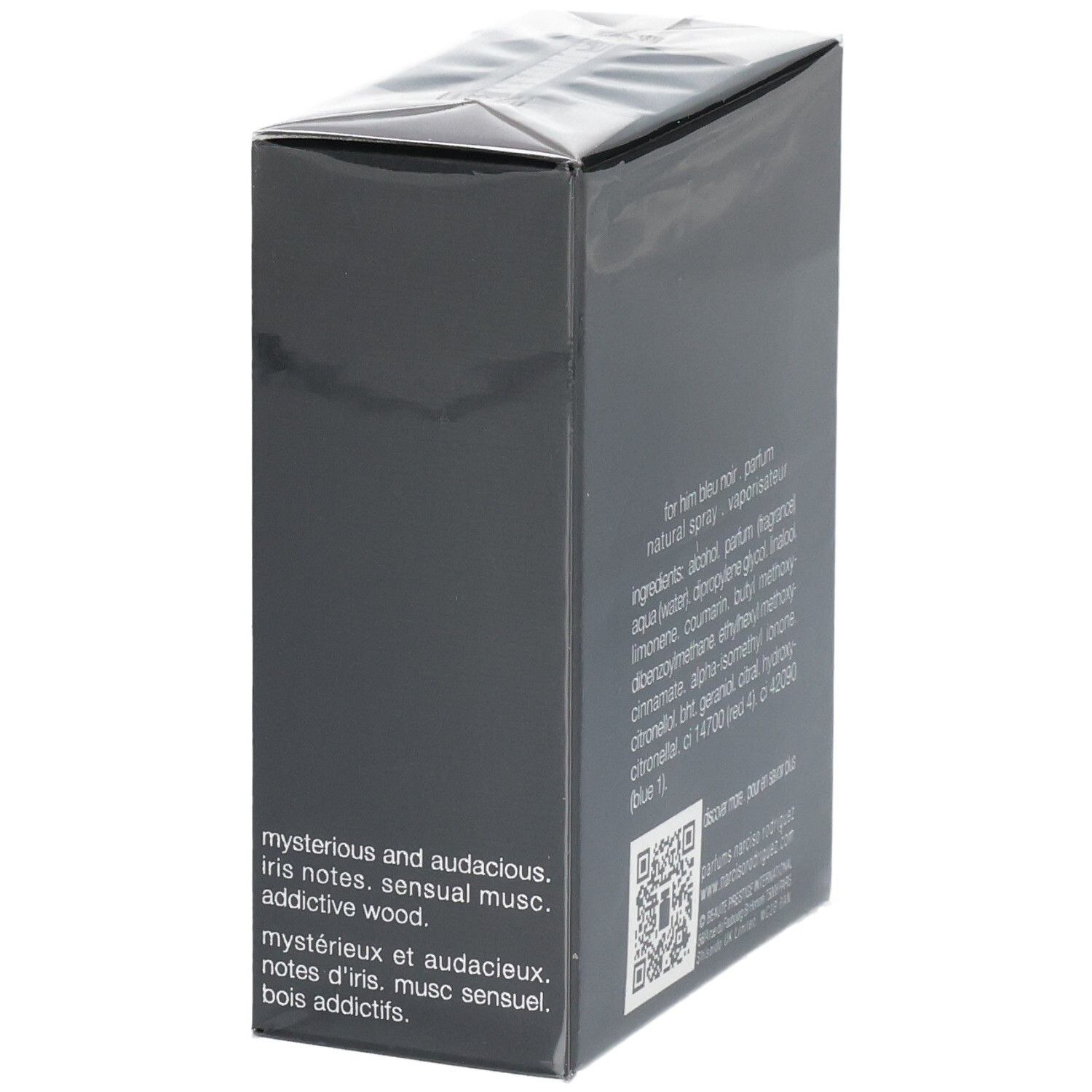 Emballage de produit gris foncé avec des indications textuelles sur les notes de parfum comme l'iris et le bois.