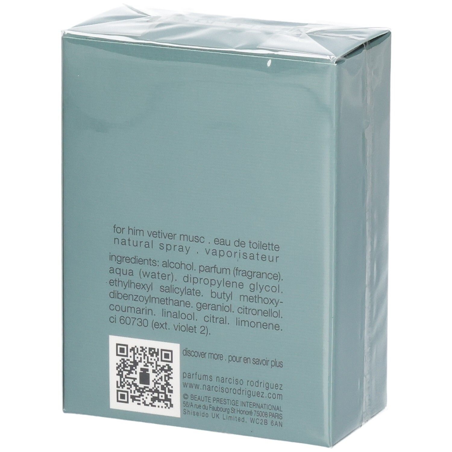 Emballage de 'for him vetiver musc', Eau de Toilette Natural Spray.