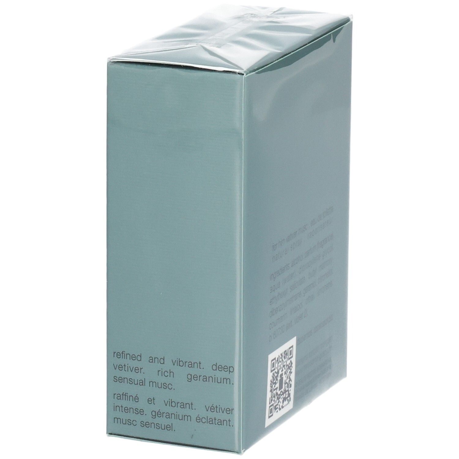 Emballage bleu clair avec texte en anglais et français, code QR.