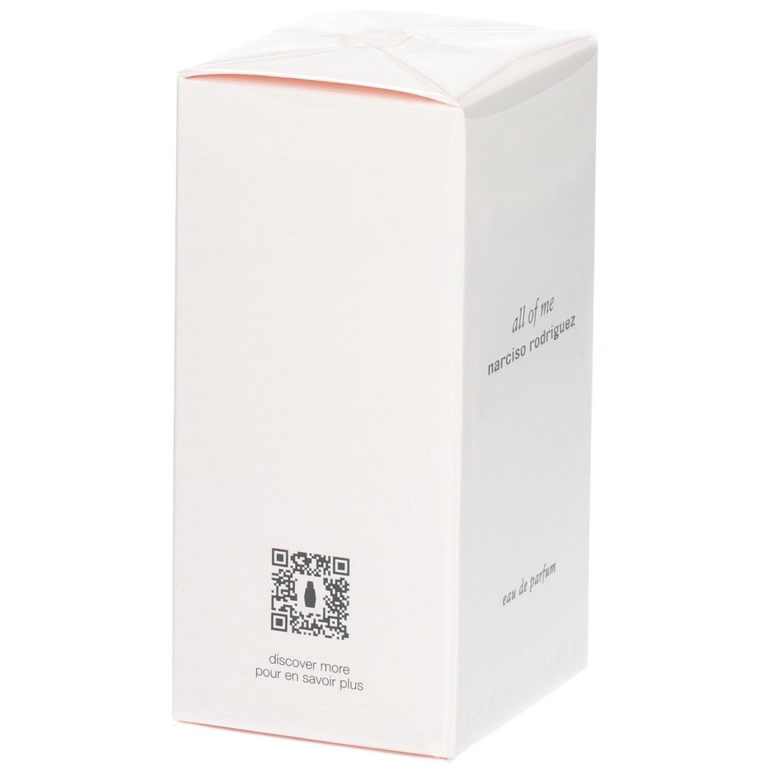 Boîte de parfum blanche avec "all of me narciso rodriguez" et code QR.